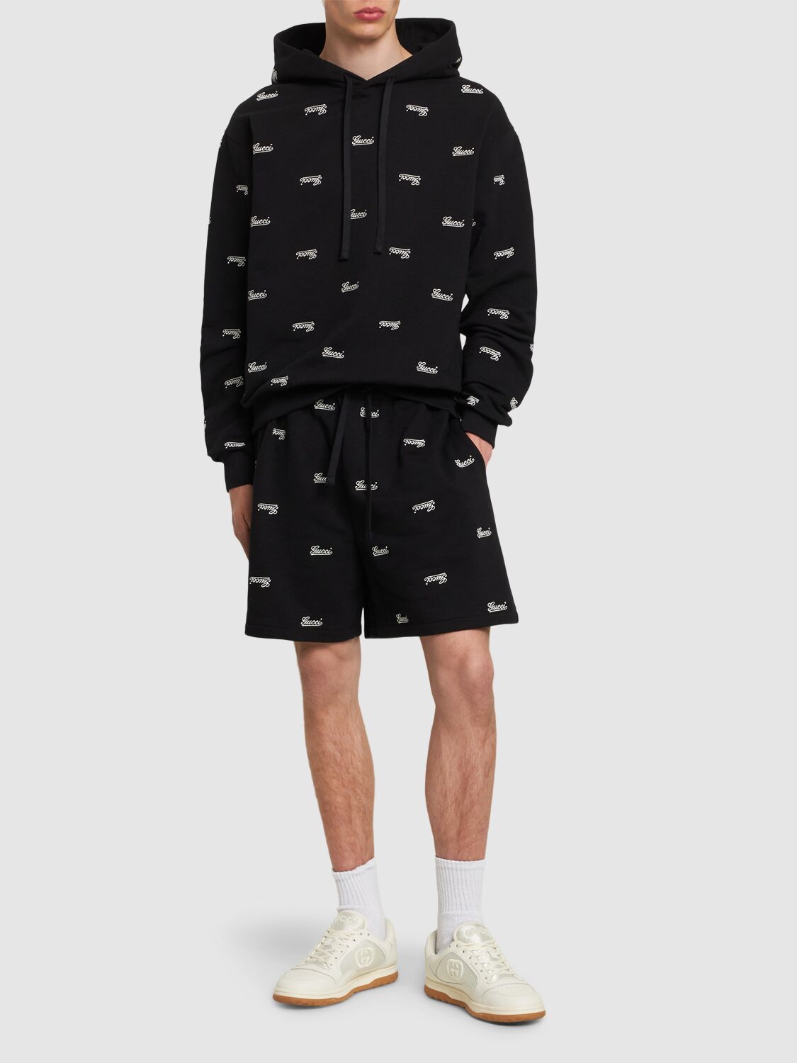 Shop Gucci Logo Cotton Jersey Shorts In Black