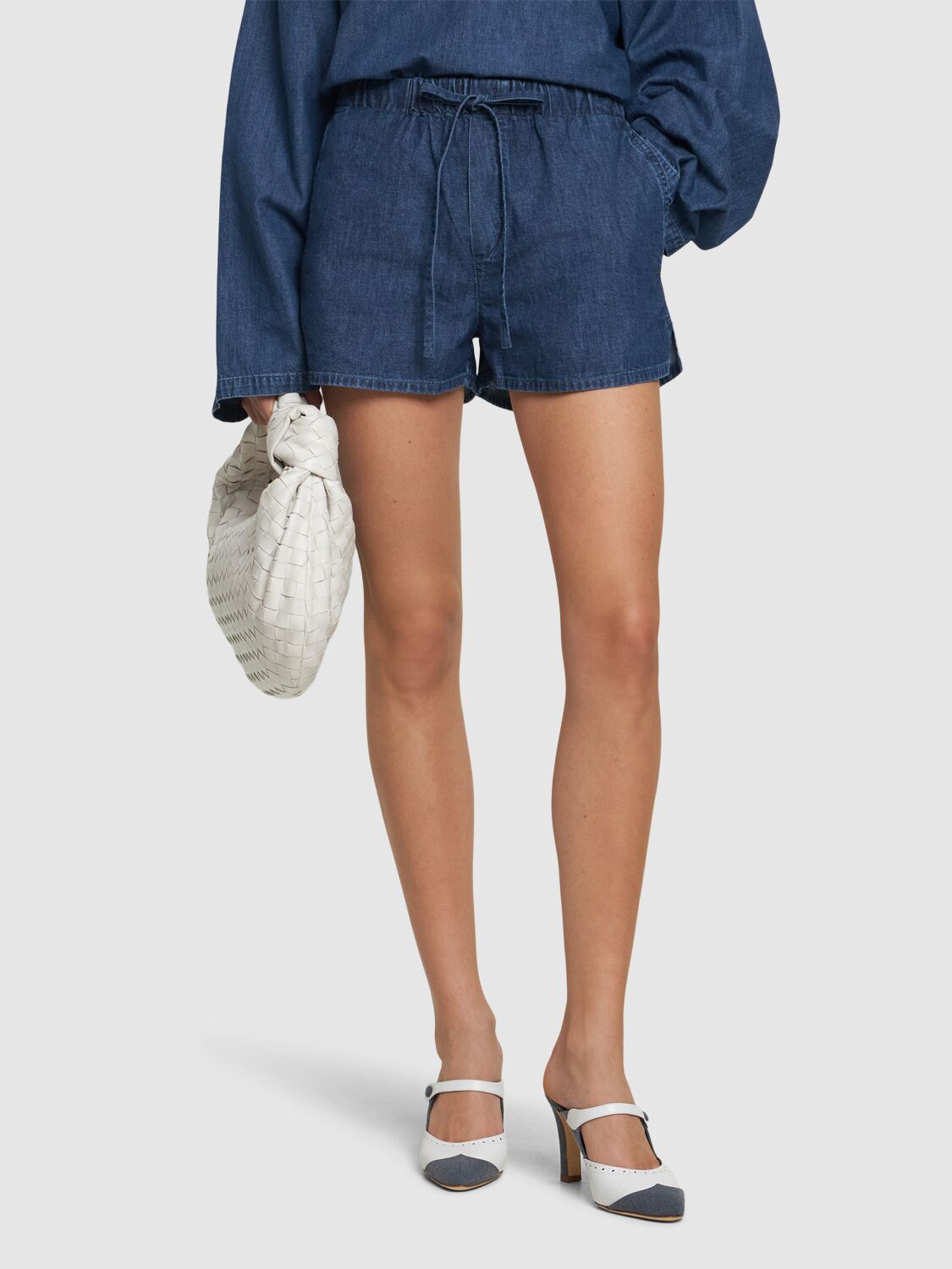 MANOLO BLAHNIK 90MM AGATHANU DENIM & LEATHER MULES 