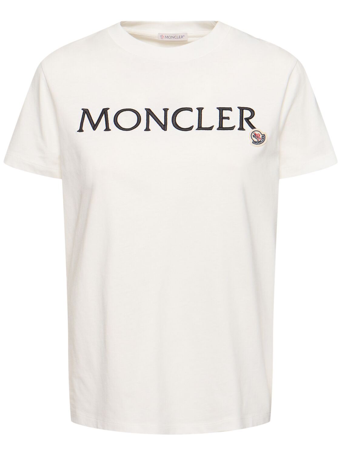 Shop Moncler Embroidered Logo Cotton T-shirt In Off White