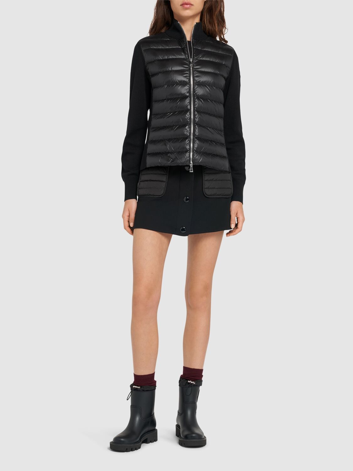 Shop Moncler Padded Wool Blend Down Cardigan In Black