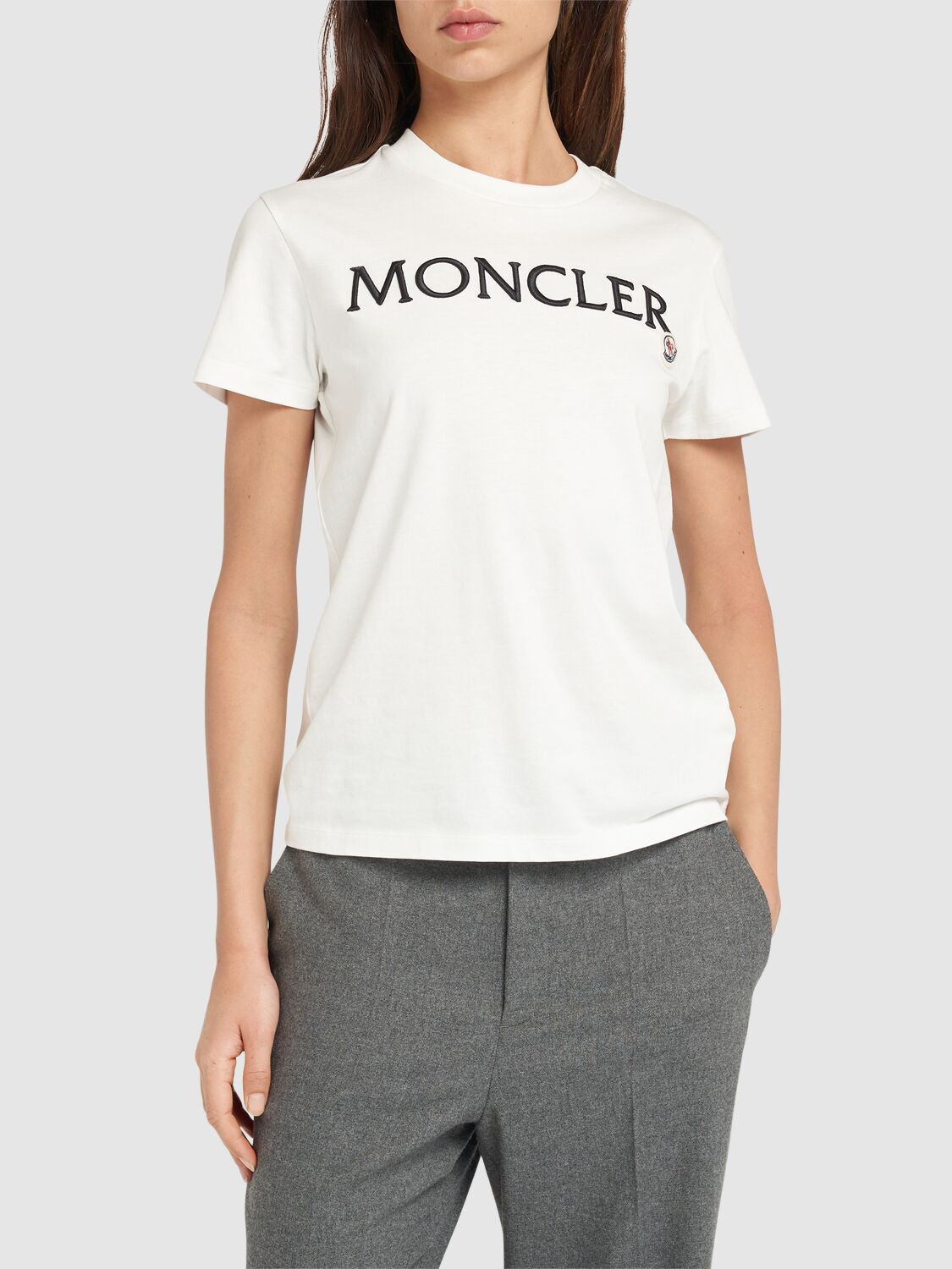 Shop Moncler Embroidered Logo Cotton T-shirt In Off White