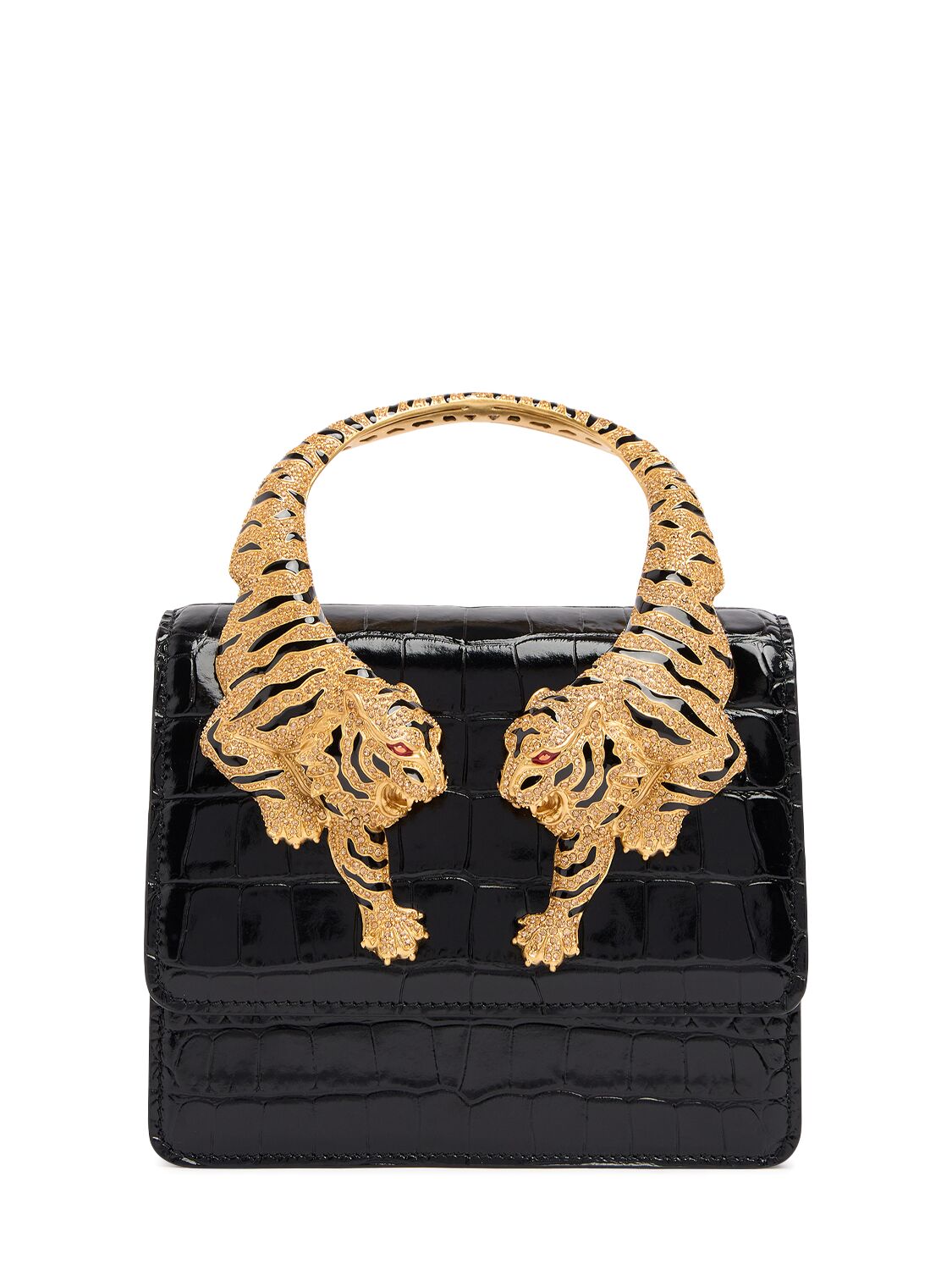 Roberto Cavalli Medium Roar Croc Embossed Bag In Black