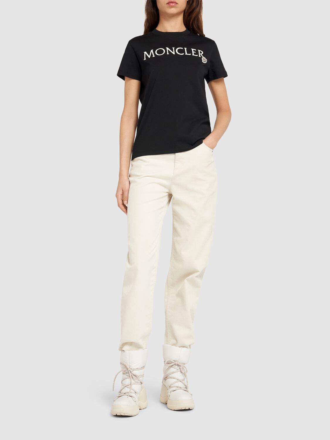 Shop Moncler Embroidered Logo Cotton T-shirt In Black