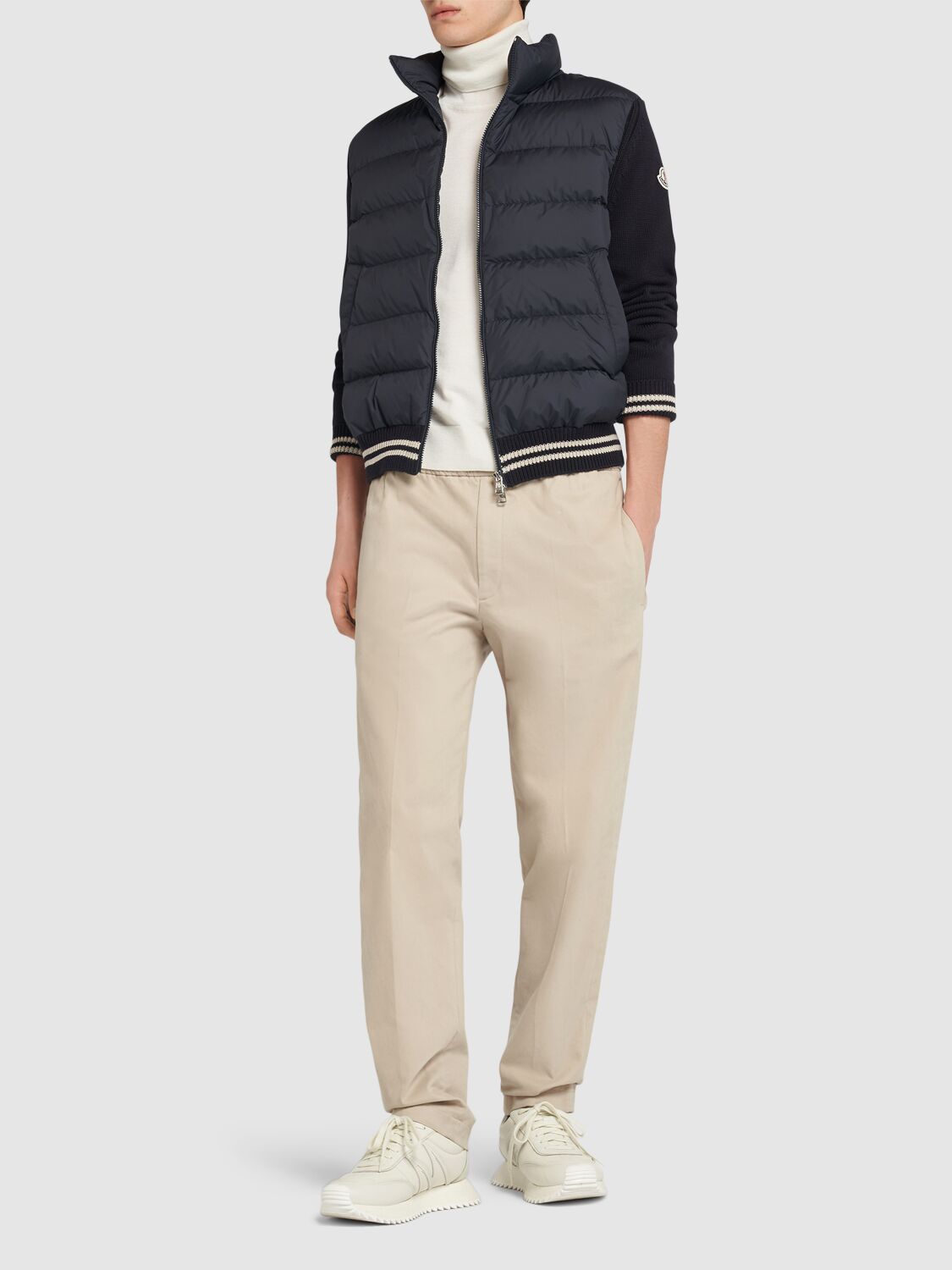 Shop Moncler Padded Tech & Cotton Cardigan Jacket In Navy