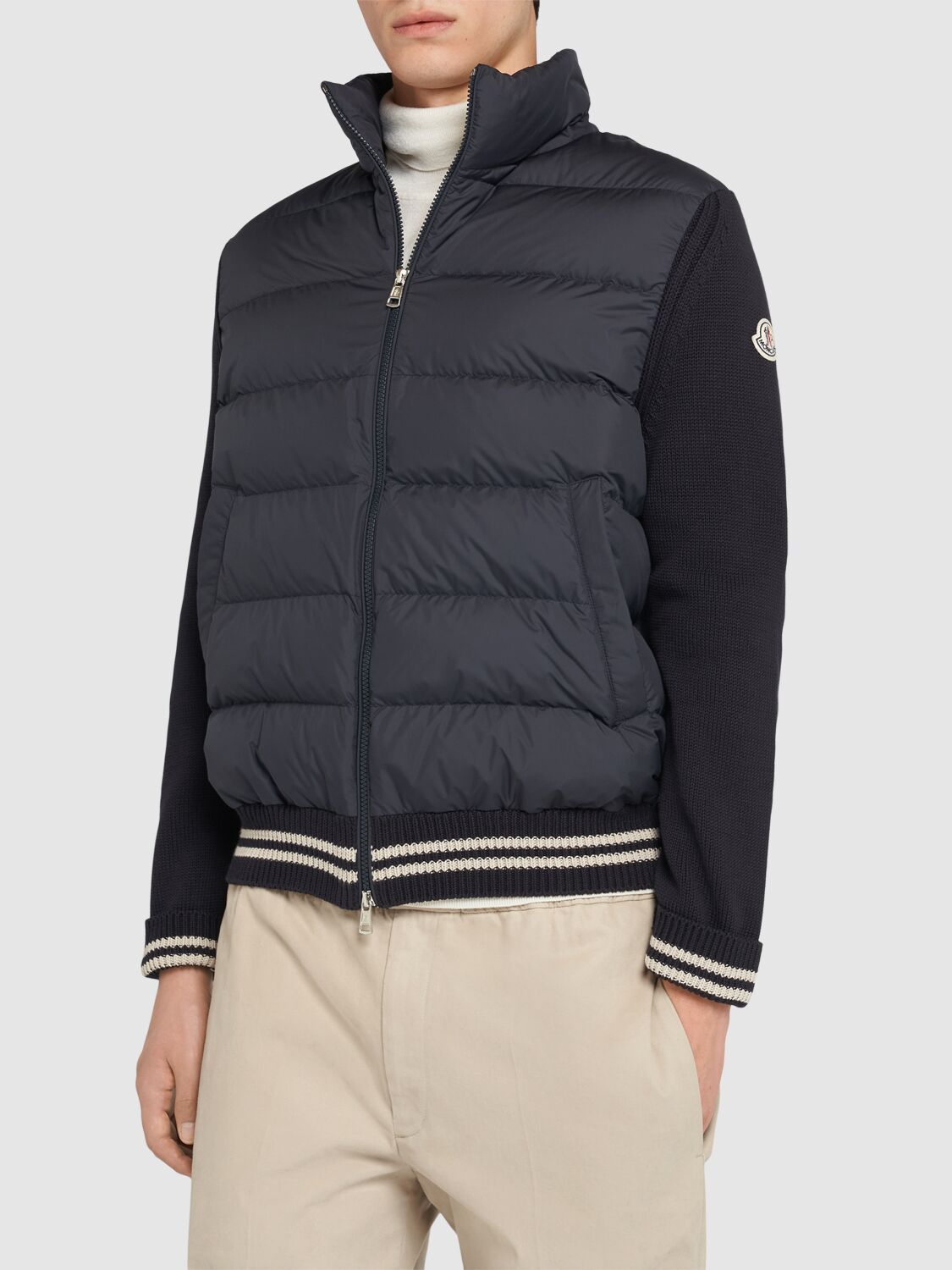 Shop Moncler Padded Tech & Cotton Cardigan Jacket In Navy