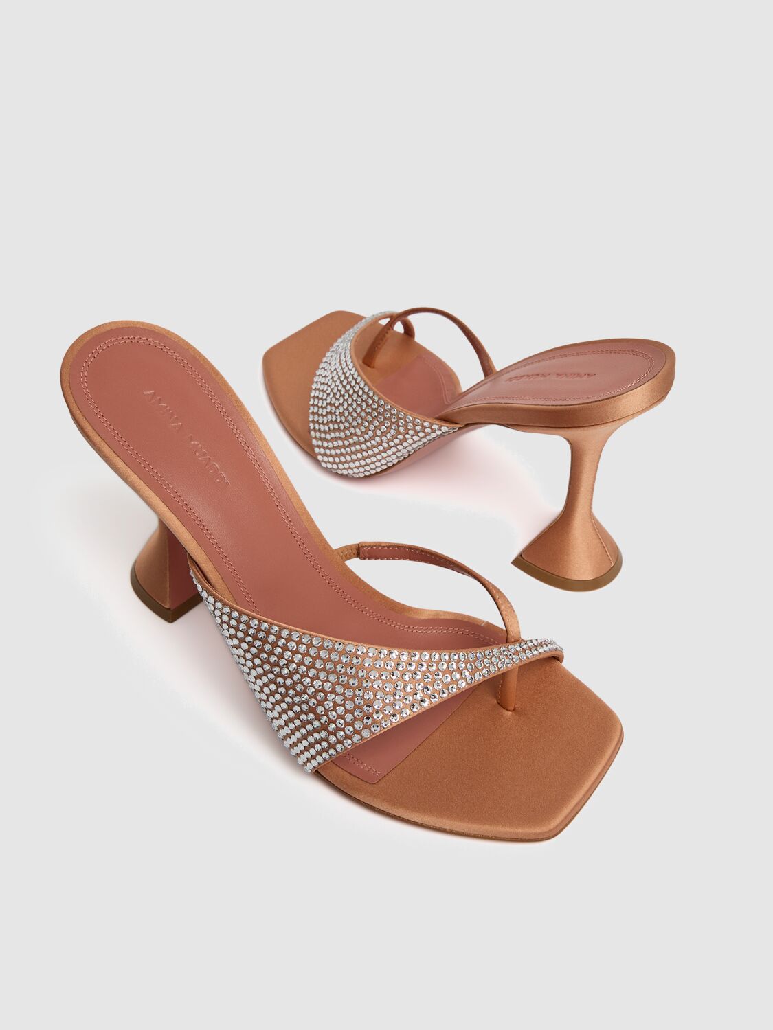 Shop Amina Muaddi 95mm Shiona Satin & Crystal Mules In Nude