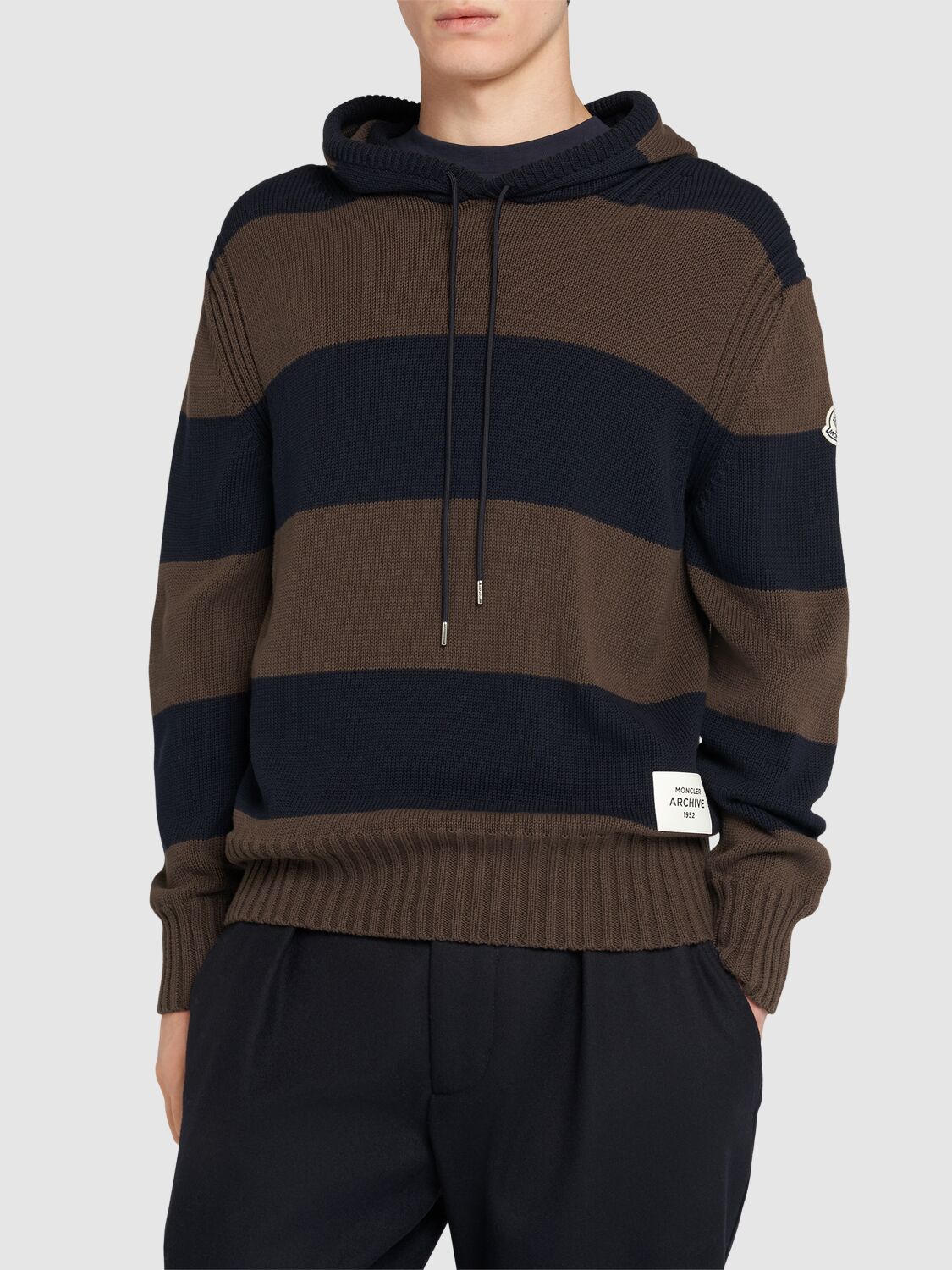 Shop Moncler Striped Cotton Hoodie In Brown/blue