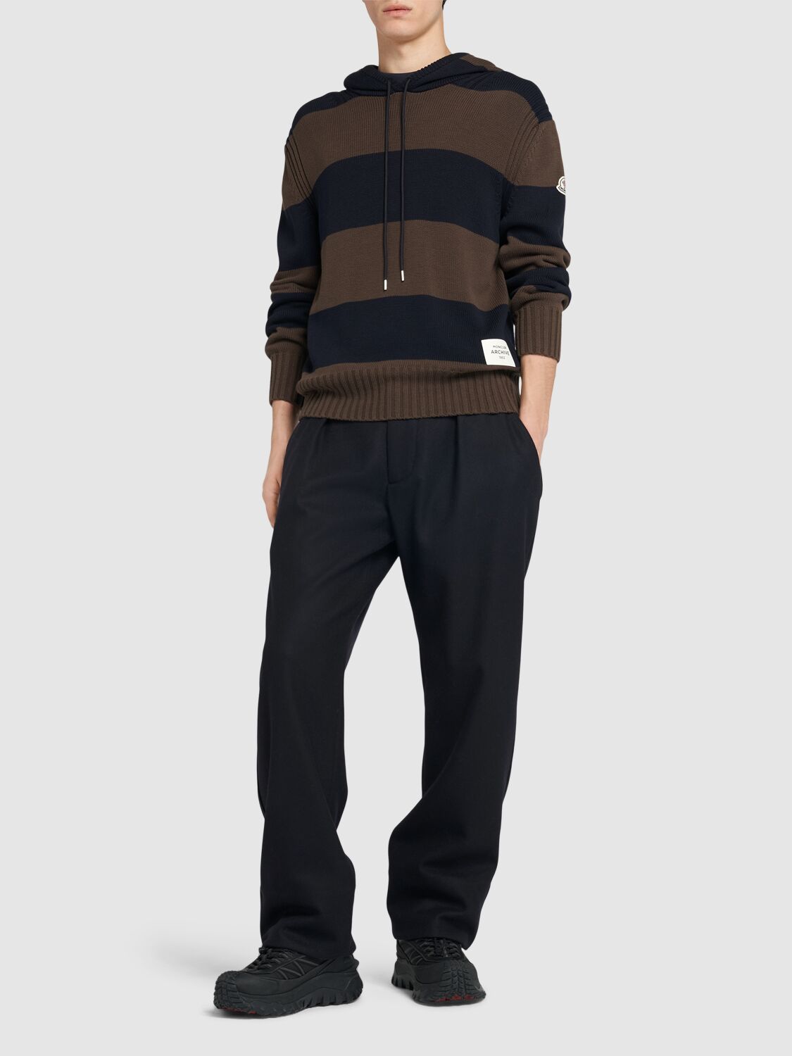 Shop Moncler Striped Cotton Hoodie In Brown/blue