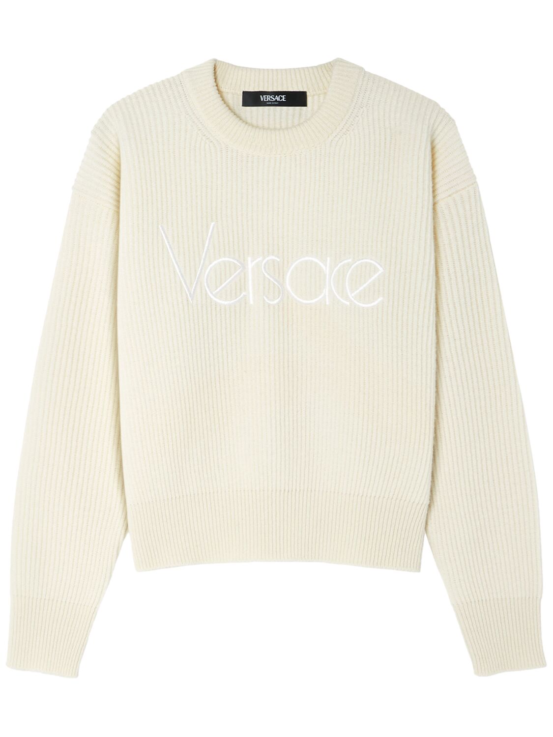 Versace Embroidered '80s Logo Rib Knit Sweater In White