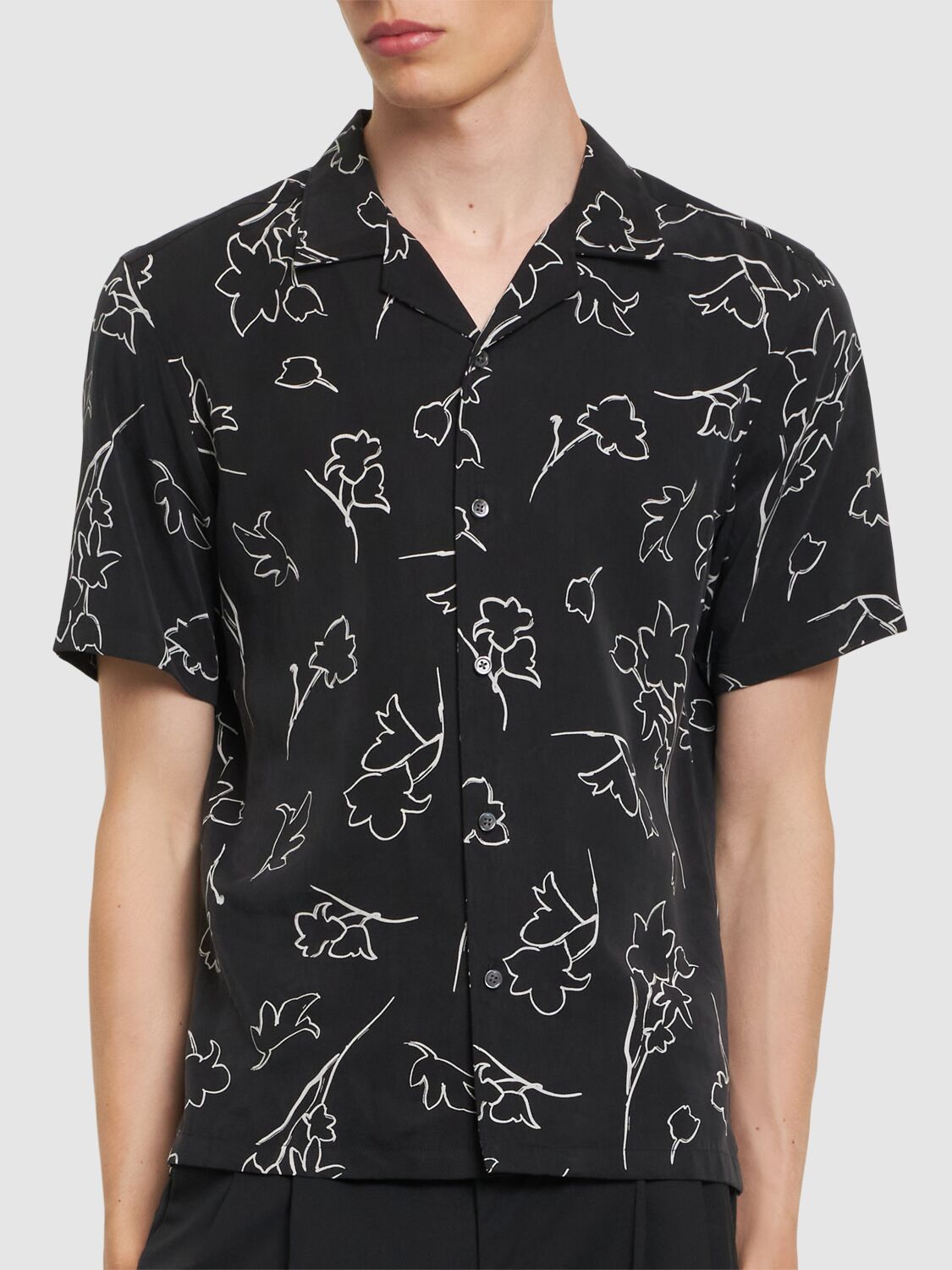 Shop Theory Printed Lyocell Short Sleeve Shirt In Black