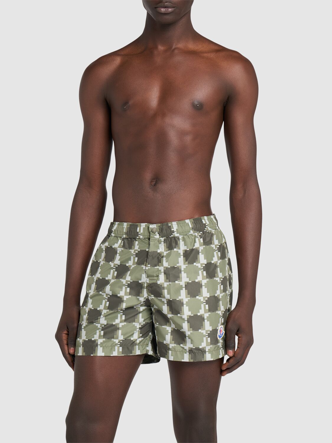 Shop Moncler Printed Tech Swim Shorts In Navy/olive