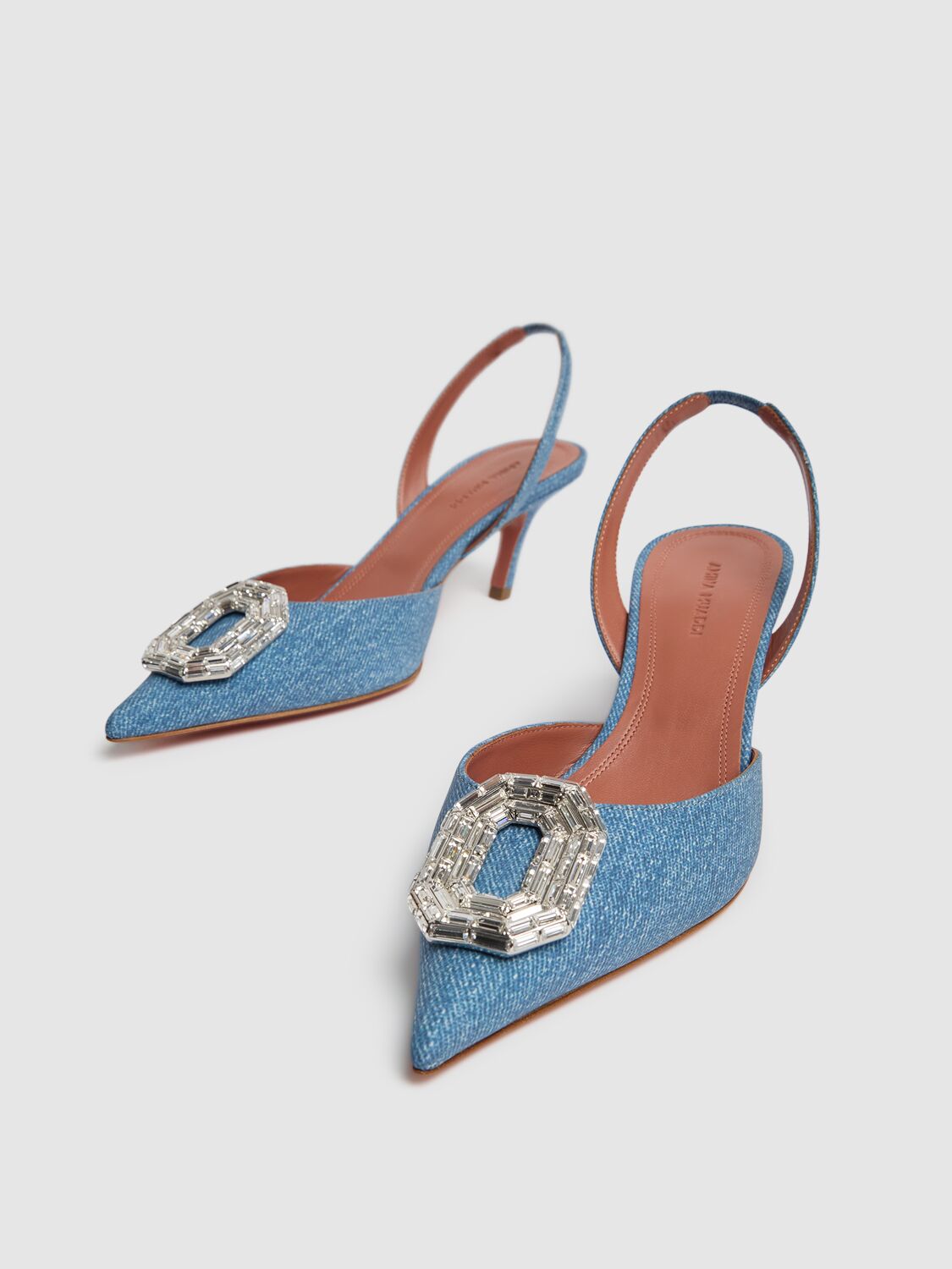 Shop Amina Muaddi 60mm Camelia Denim Print Suede Heels In Blue