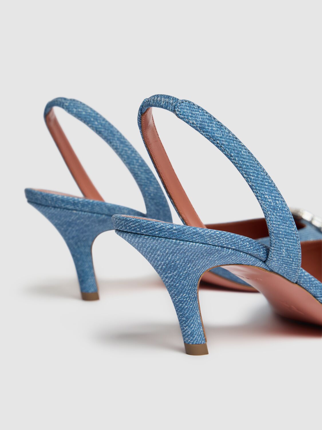 Shop Amina Muaddi 60mm Camelia Denim Print Suede Heels In Blue