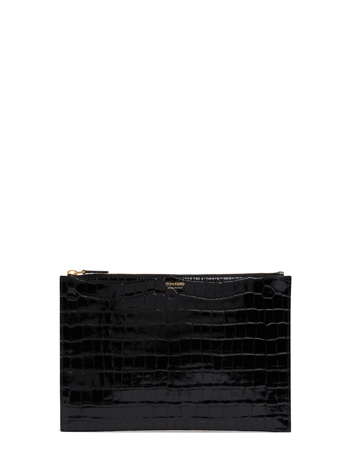 Tom Ford Shiny Croc Embossed Flat Pouch W/strap In Black
