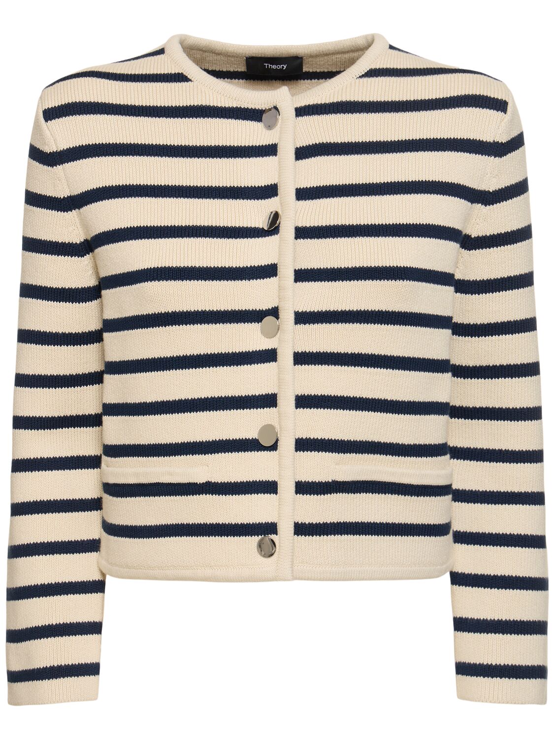Theory Knitted Cotton Cardigan In Cream/blue