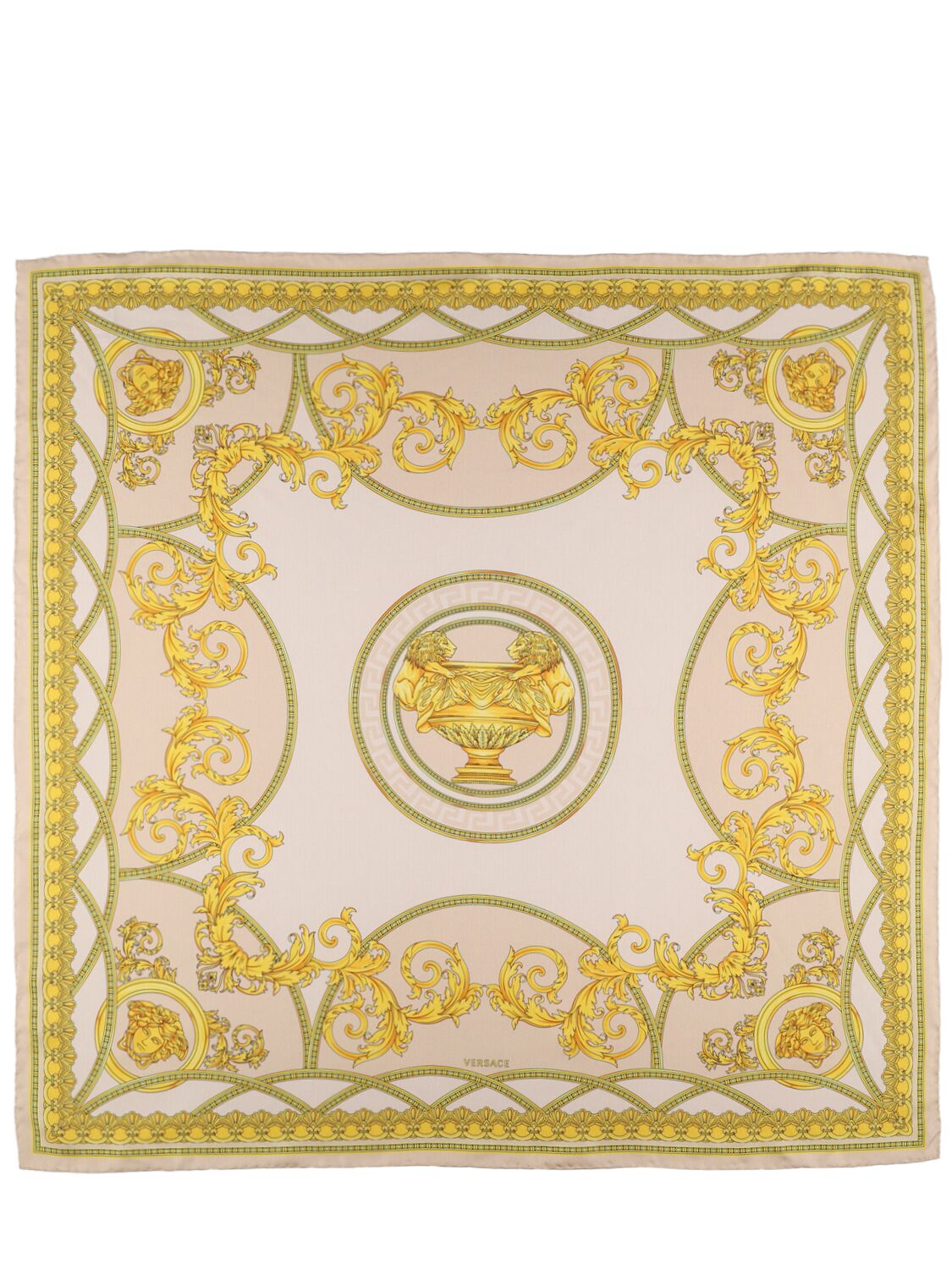 Versace La Coupe Printed Silk Twill Foulard In Gold/beige