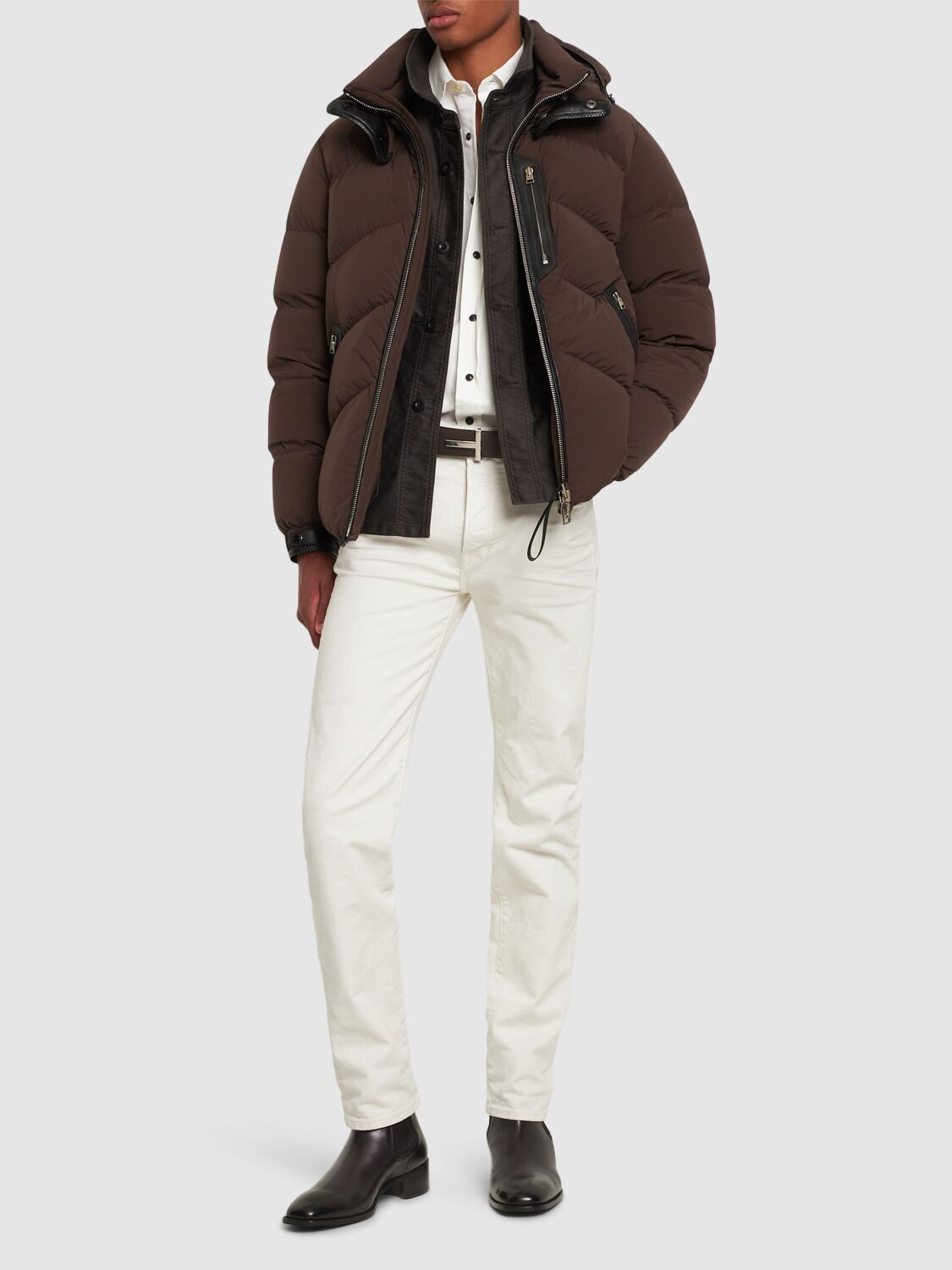 Shop Tom Ford Stretch Nylon Down Jacket In Chocolate