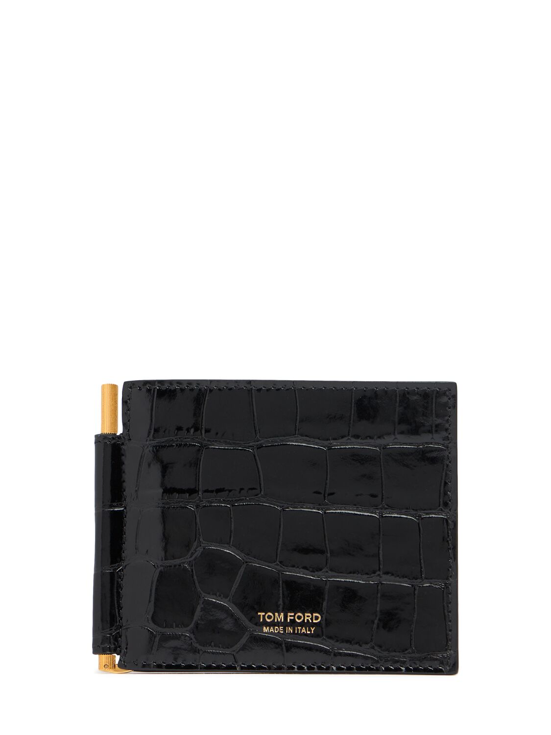 Tom Ford Patent Croc Embossed Clip Wallet In Black