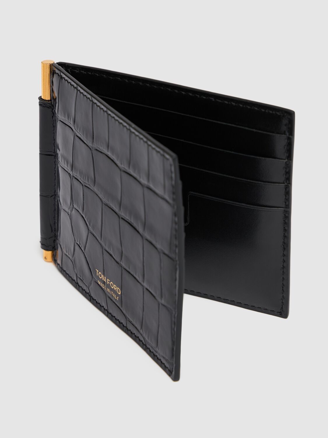 Shop Tom Ford Patent Croc Embossed Clip Wallet In Black