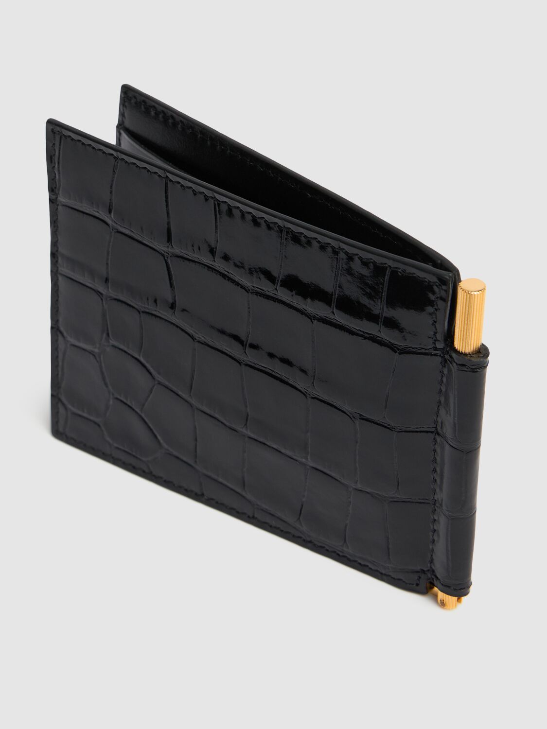 Shop Tom Ford Patent Croc Embossed Clip Wallet In Black