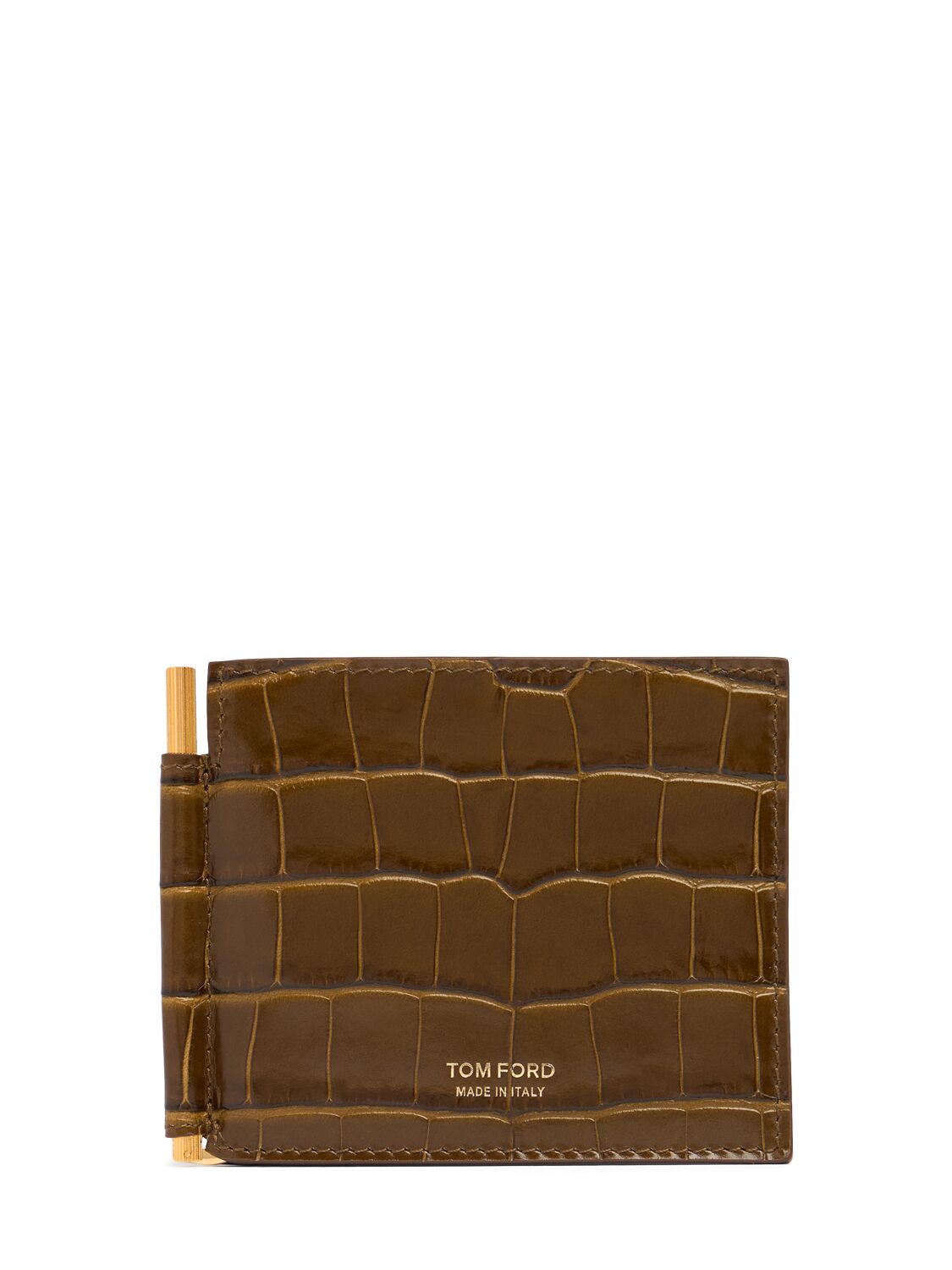 Tom Ford Patent Croc Embossed Clip Wallet In Khaki