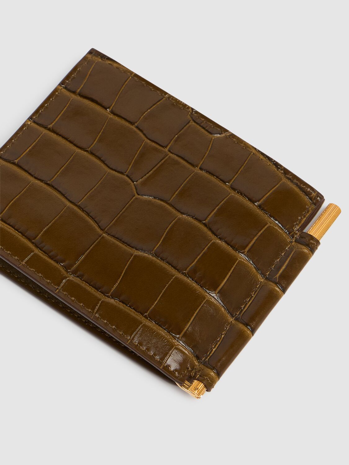 Shop Tom Ford Patent Croc Embossed Clip Wallet In Khaki