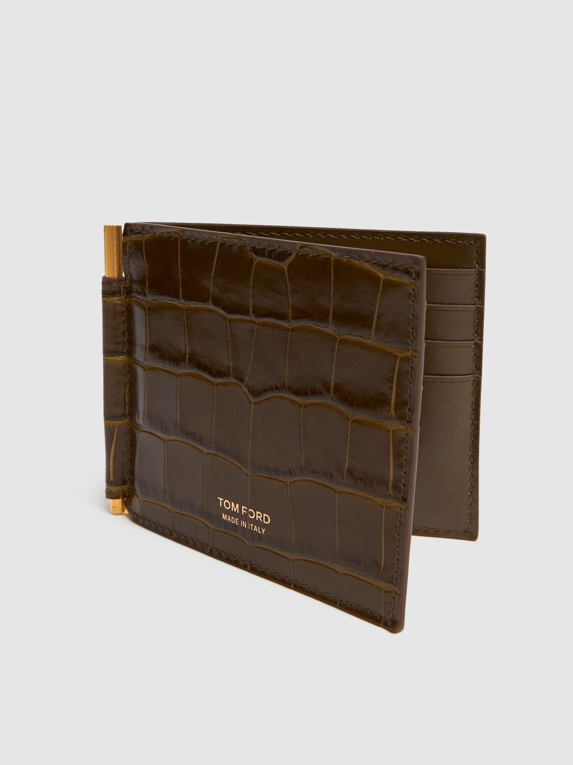 Shop Tom Ford Patent Croc Embossed Clip Wallet In Khaki