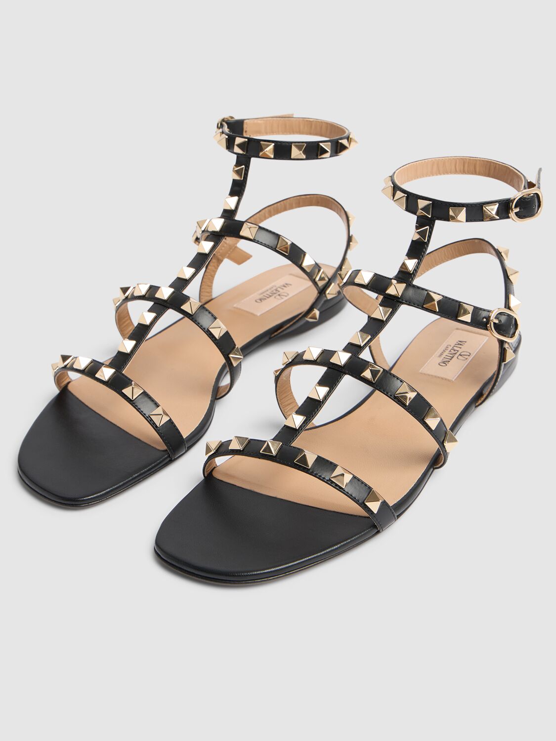 Valentino Garavani Rockstud Flat Calfskin Sandal With Straps Woman Black 41.5 In Black
