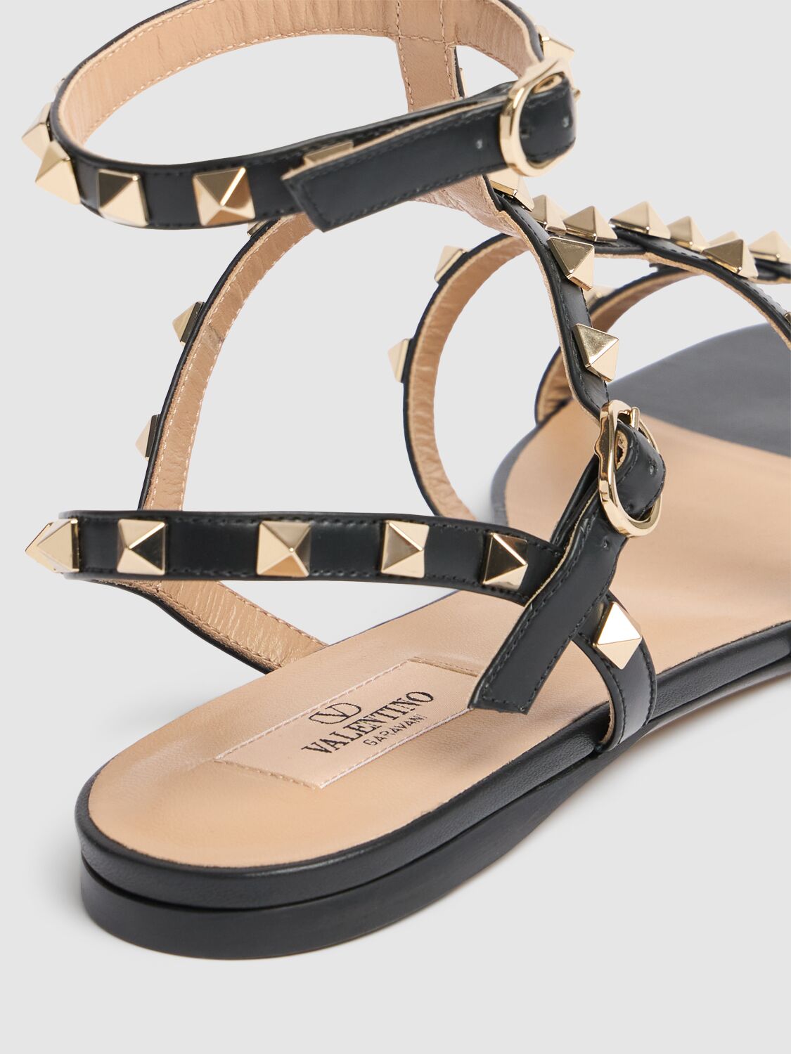 Valentino Garavani Rockstud Flat Calfskin Sandal With Straps Woman Black 41.5 In Black