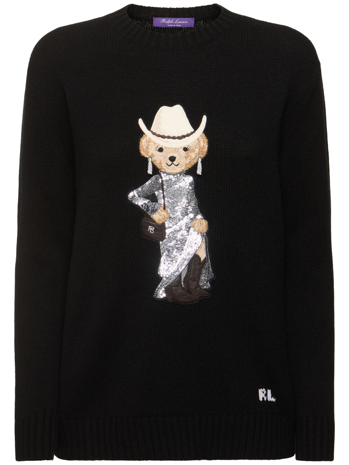 Ralph Lauren Western Bear Cashmere Crewneck Sweater In Black
