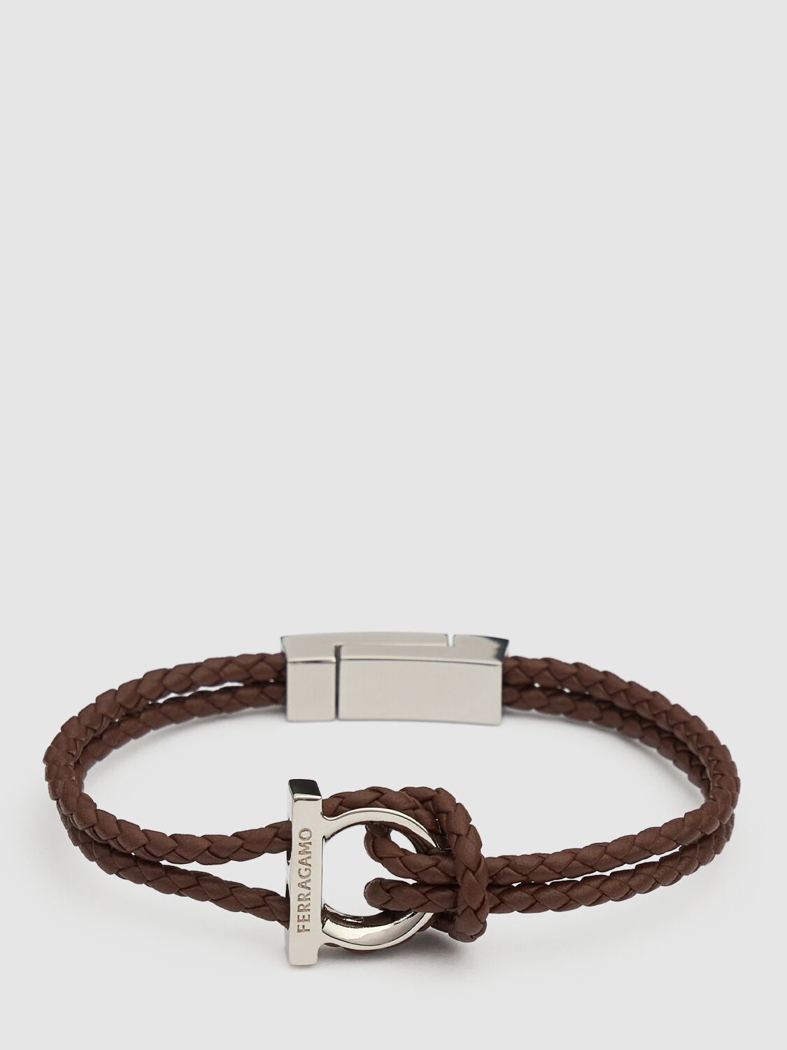Ferragamo 17cm Gancio Braided Leather Bracelet In Brown
