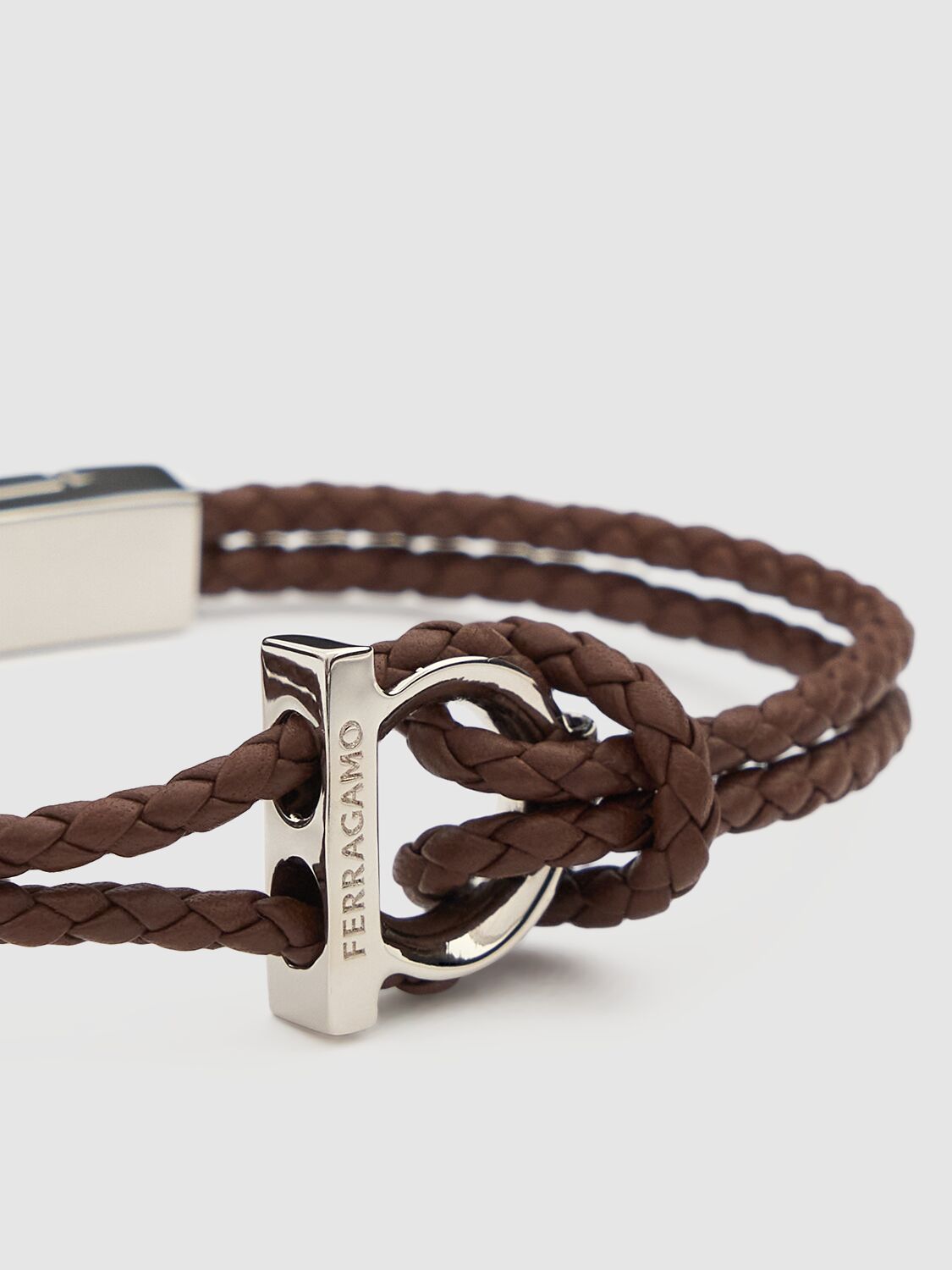 Shop Ferragamo 17cm Gancio Braided Leather Bracelet In Brown