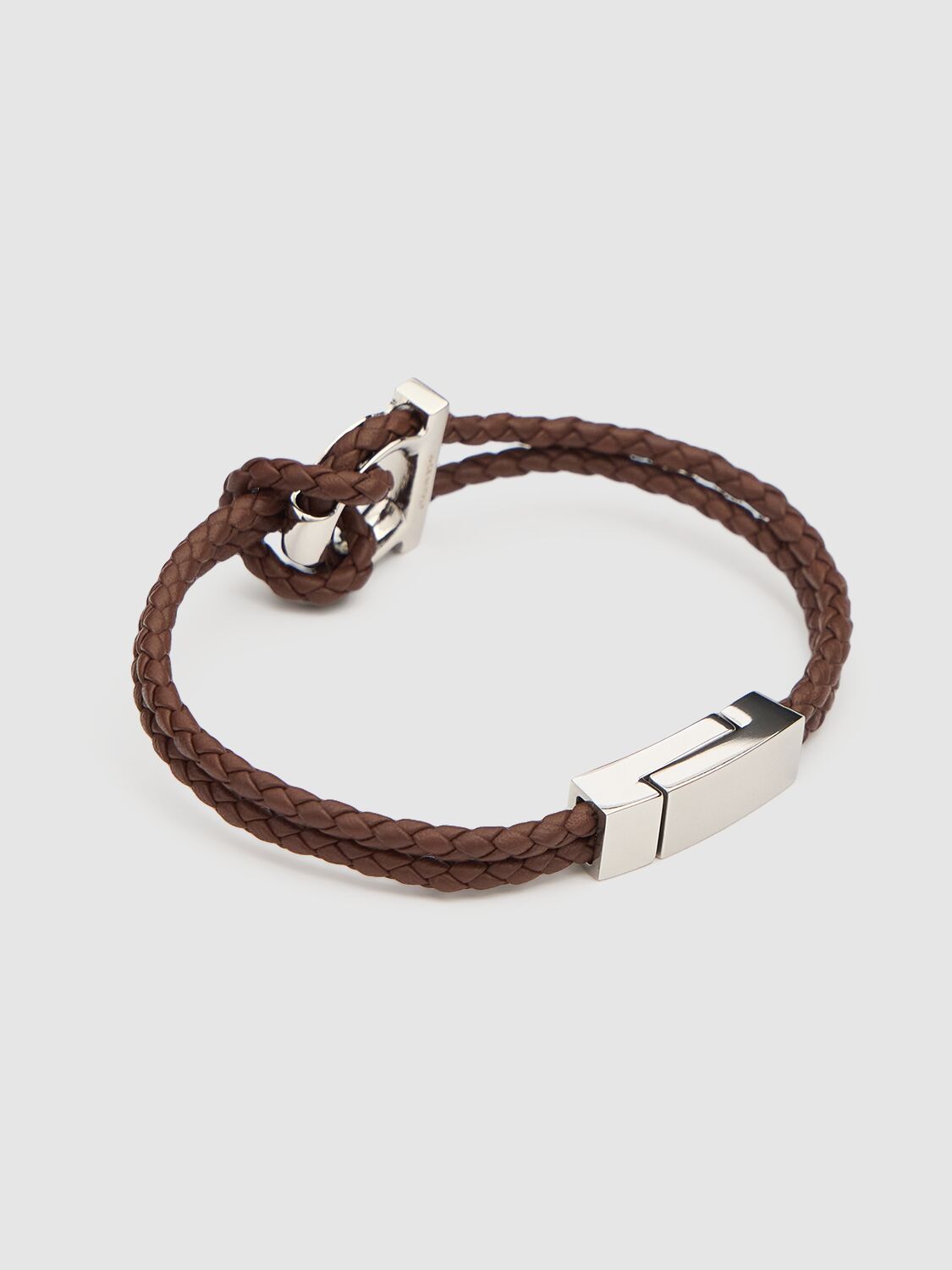 Shop Ferragamo 17cm Gancio Braided Leather Bracelet In Brown