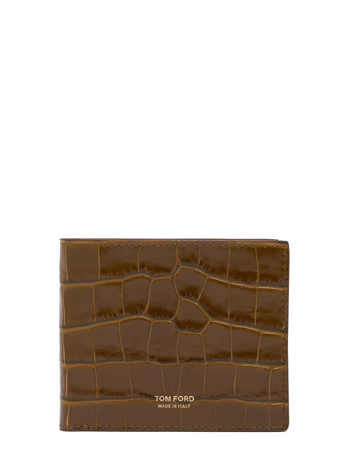Tom Ford Shiny Croc Embossed Bifold Wallet In Brown
