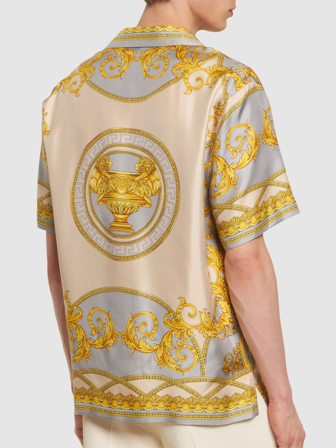 Shop Versace Baroque Print Short Sleeve Silk Shirt In Grey,gold