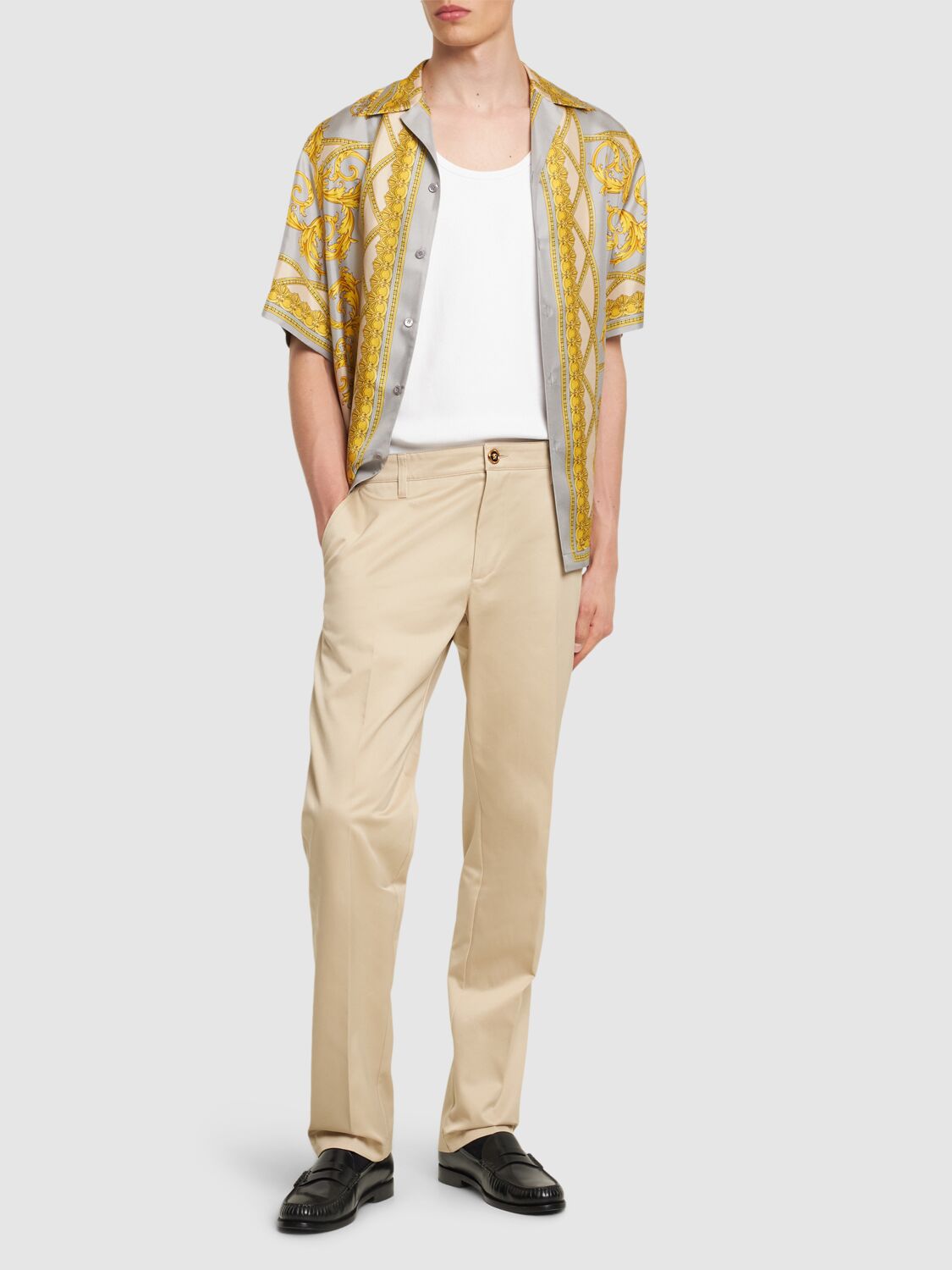 Shop Versace Informal Cotton Gabardine Straight Pants In Beige