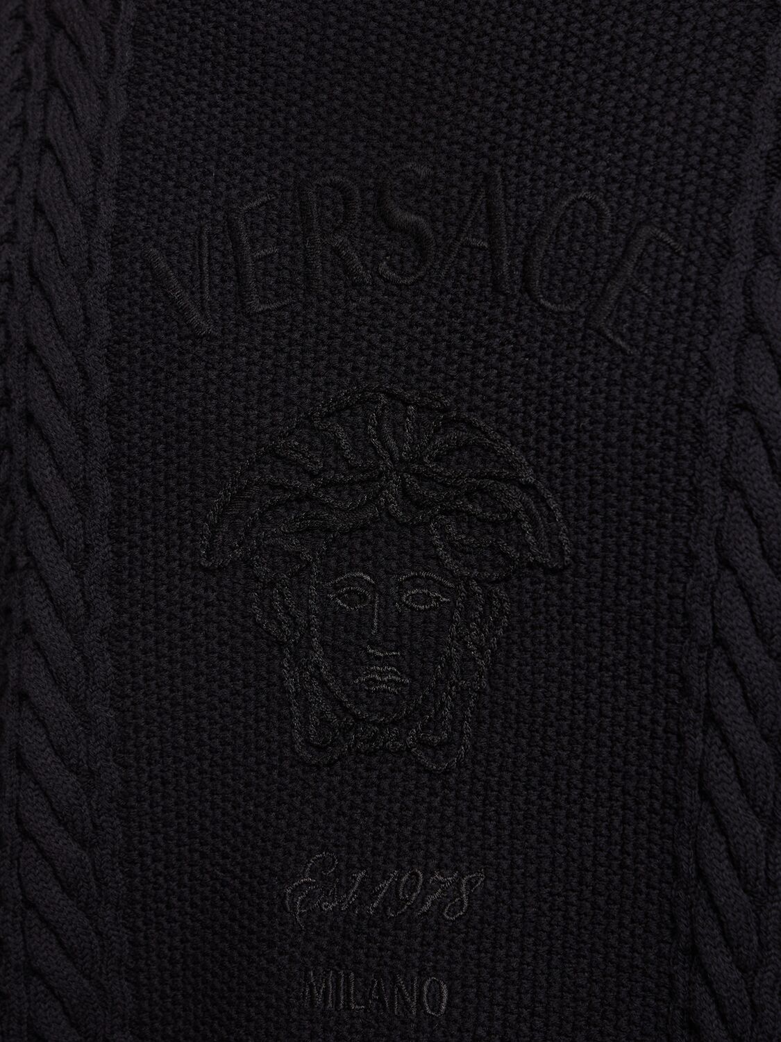 Shop Versace Logo Cotton Blend Cable Knit Sweater In Black