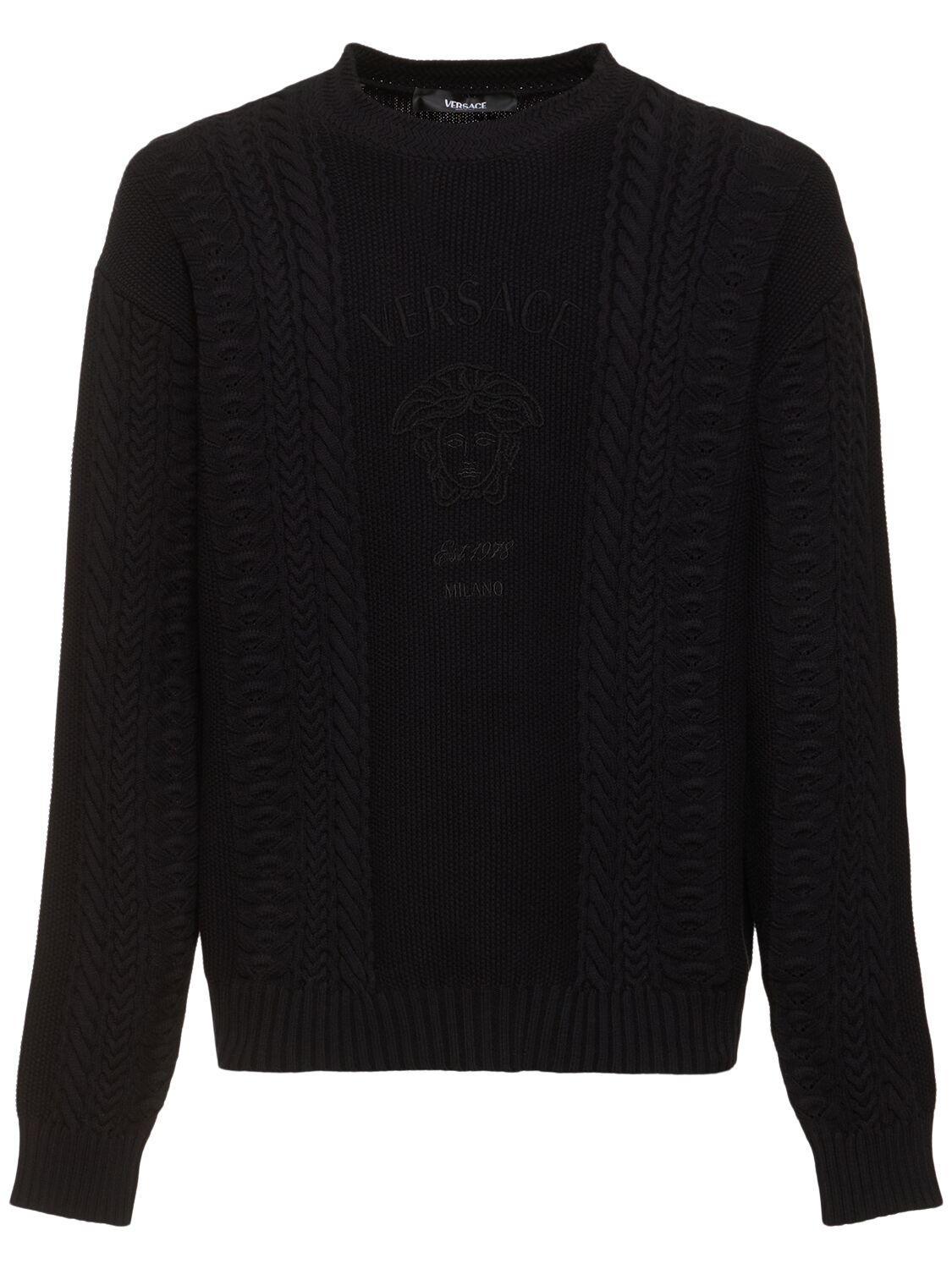 Versace Logo Cotton Blend Cable Knit Sweater In Black