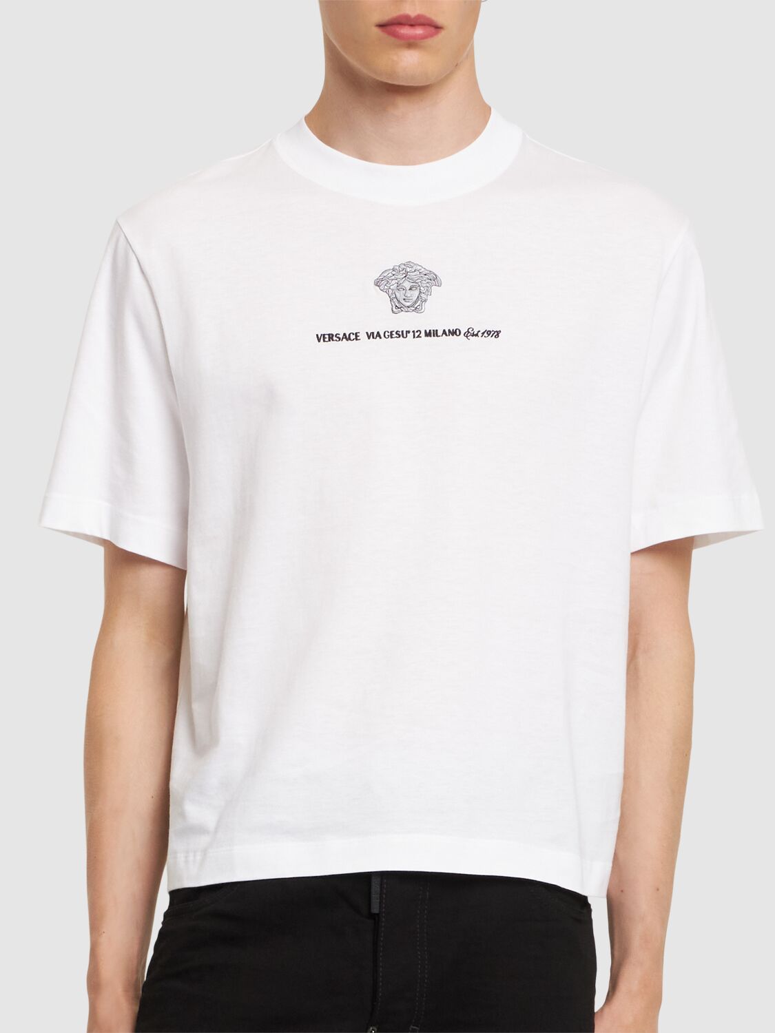 Shop Versace Compact Cotton Jersey T-shirt In White