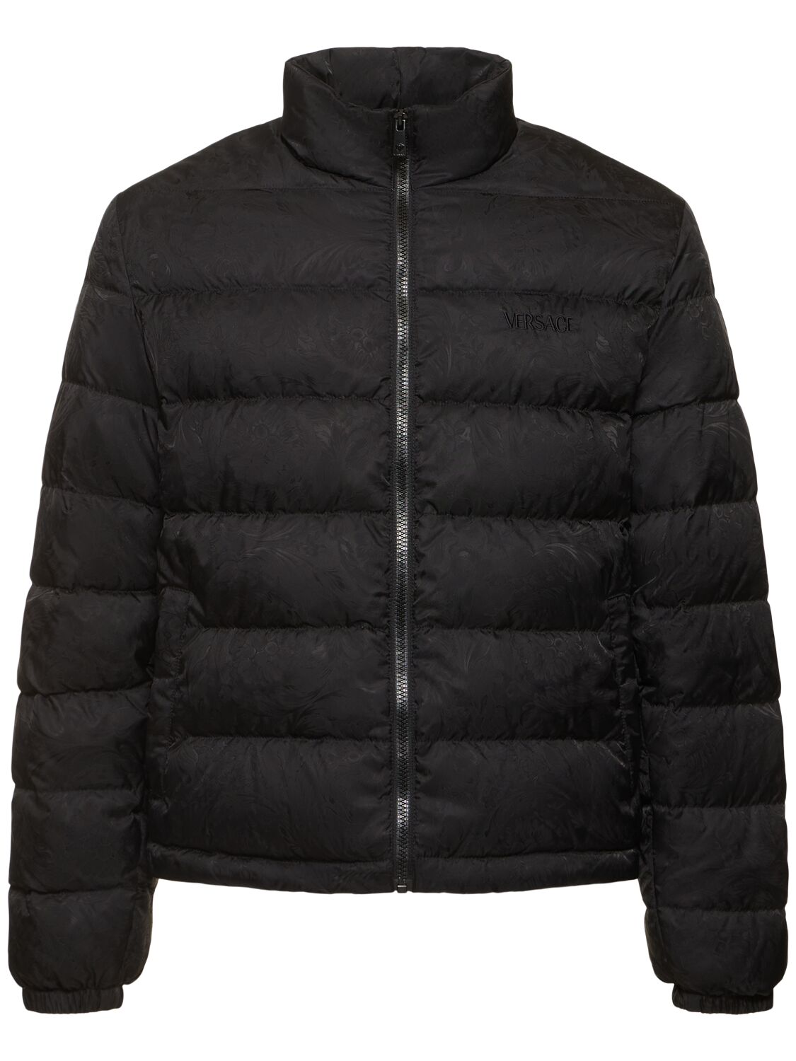 Versace Zip-up Jacquard Down Jacket In Black