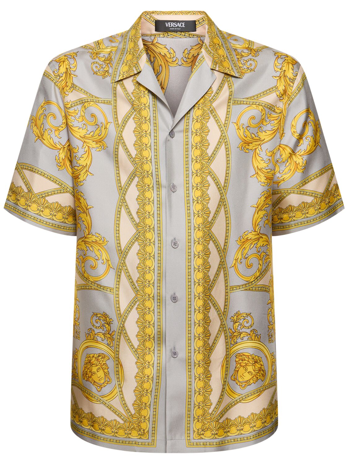 Versace Baroque Print Short Sleeve Silk Shirt In Grey,gold