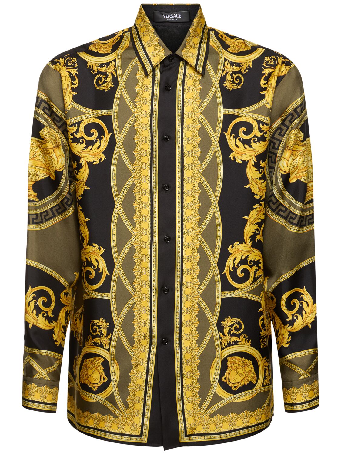 Versace Informal Printed Silk Twill Shirt In Black,gold