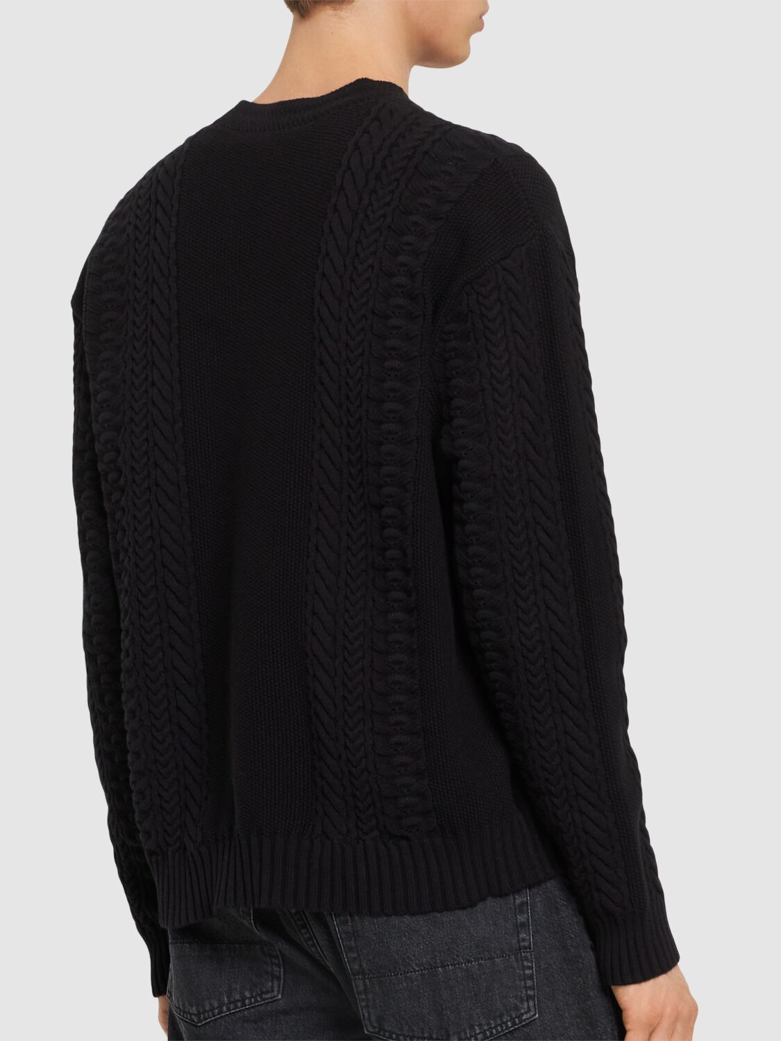 Shop Versace Logo Cotton Blend Cable Knit Sweater In Black