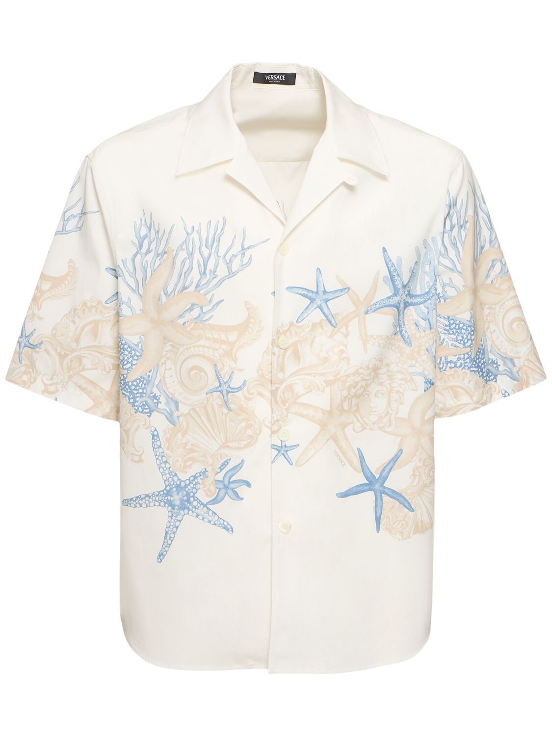 Versace Coral Print Cotton Short Sleeve Shirt In White