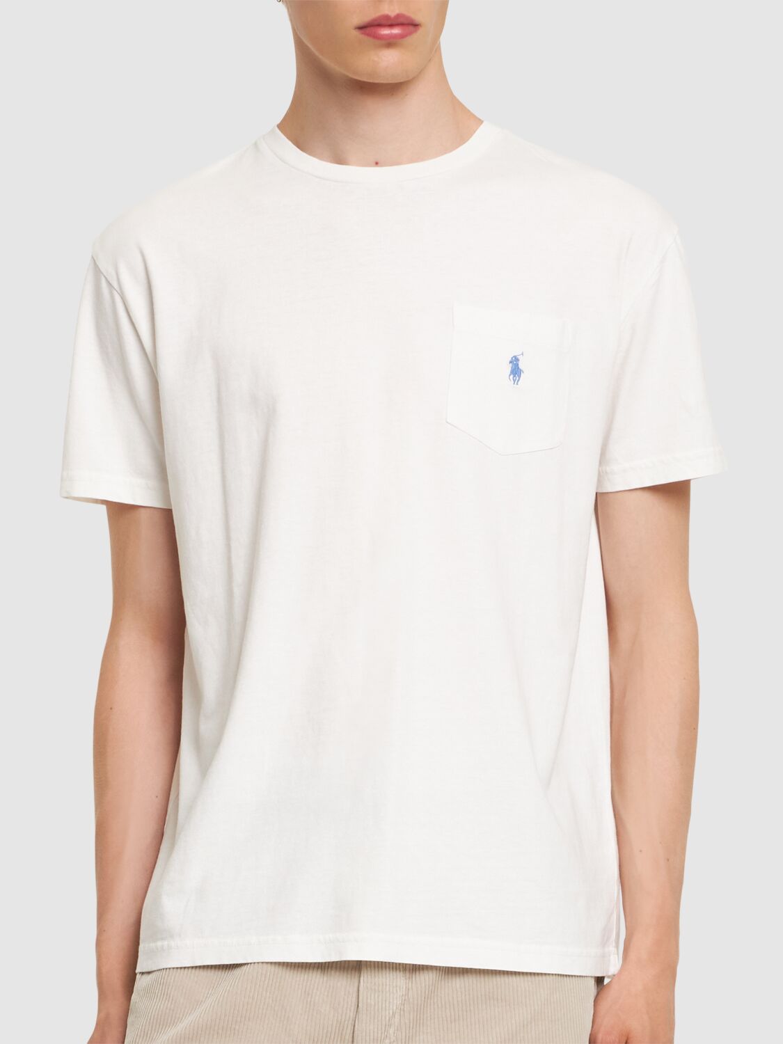 Shop Polo Ralph Lauren Faded Cotton & Linen T-shirt W/ Pocket In Ceramic White