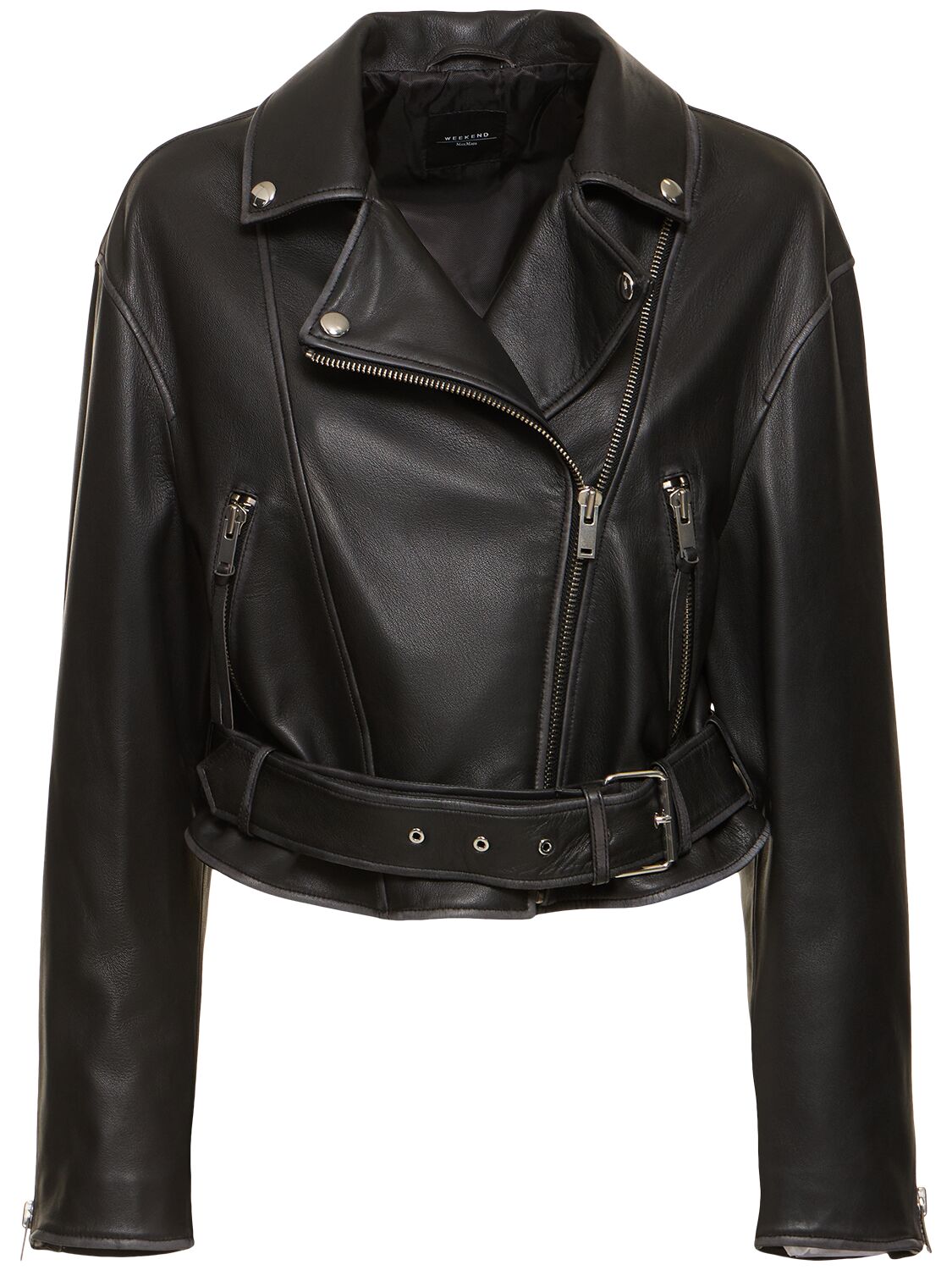 Saletta Belted Leather Biker Jacket