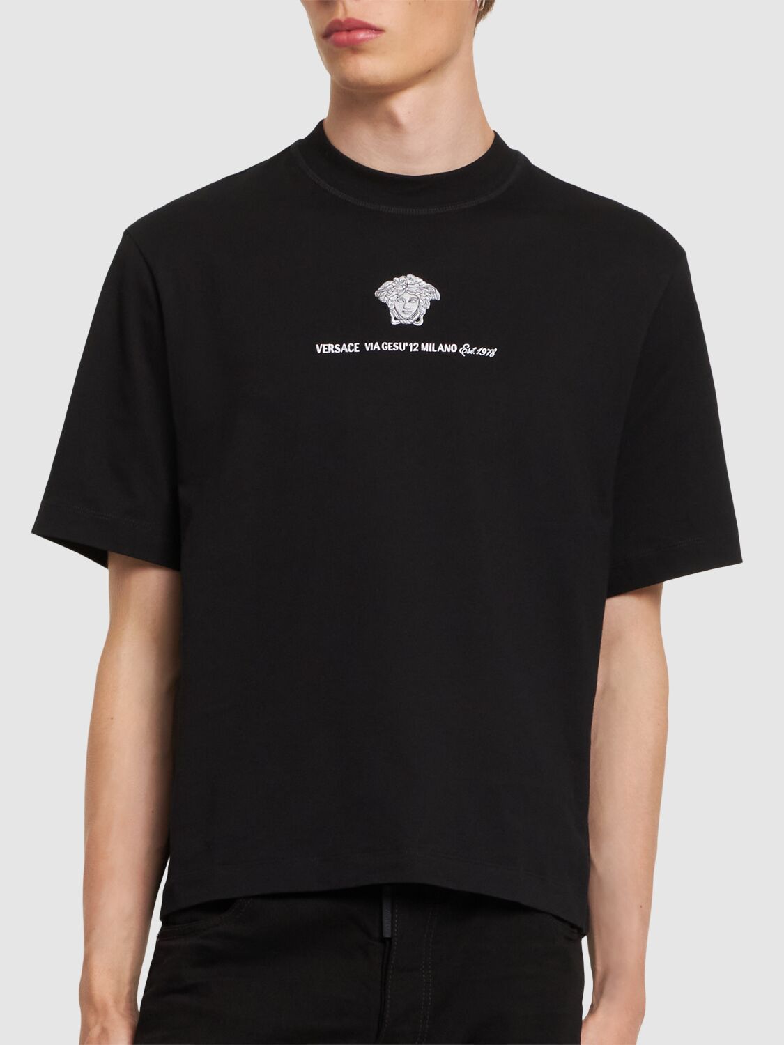 Shop Versace Compact Cotton Jersey T-shirt In Black