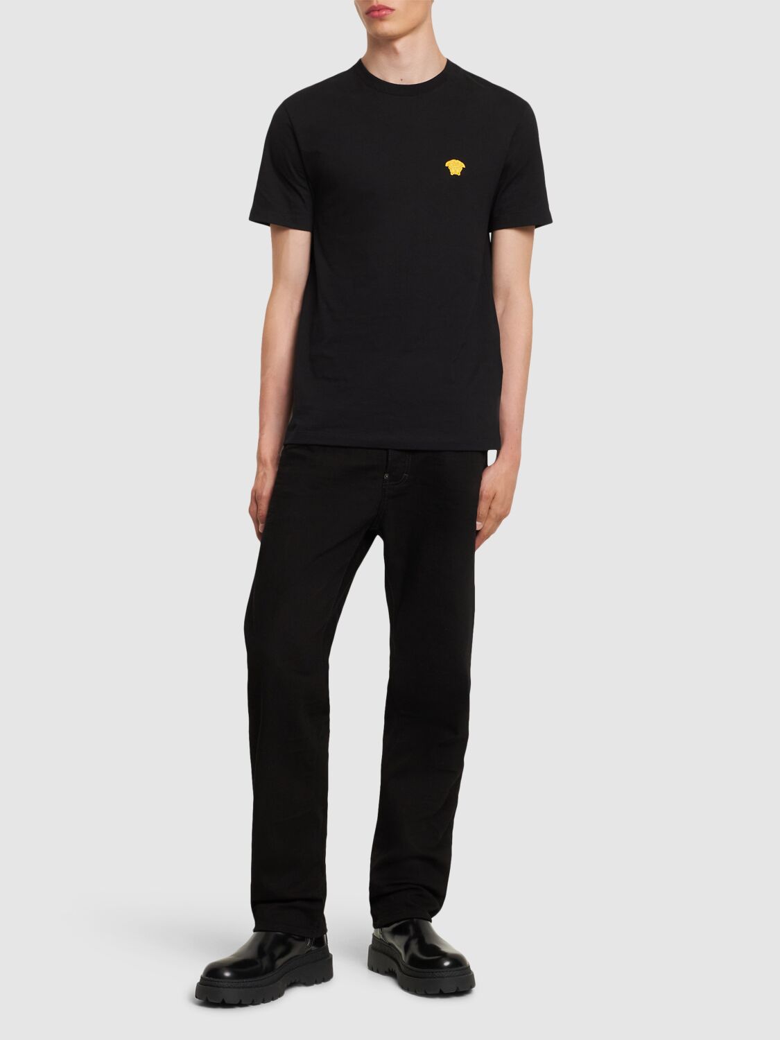 Shop Versace Logo Compact Cotton Jersey T-shirt In Black