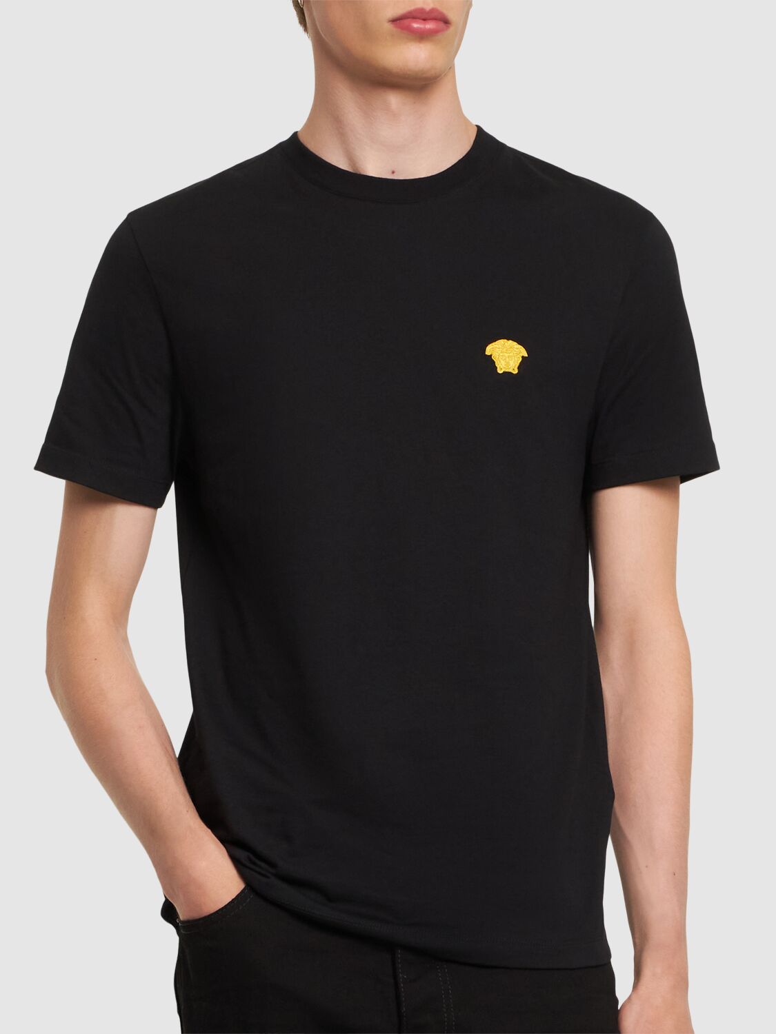 Shop Versace Logo Compact Cotton Jersey T-shirt In Black