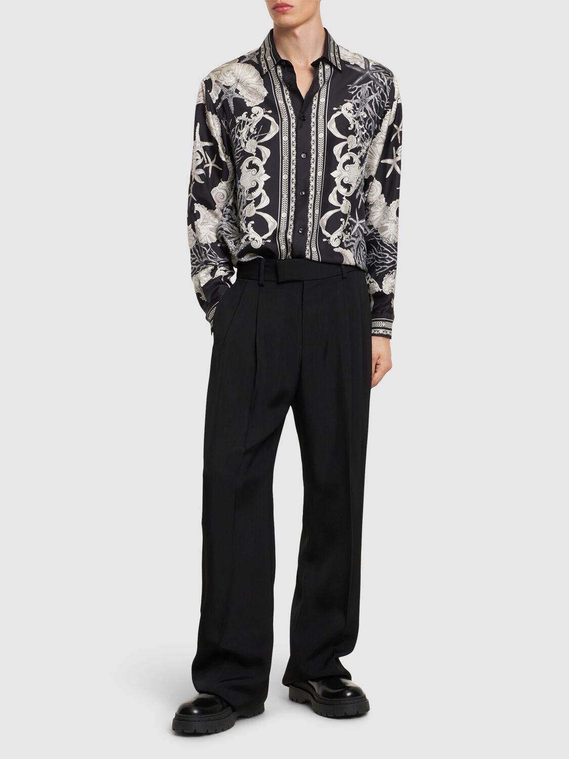 Shop Versace Informal Printed Silk Twill Shirt In Black